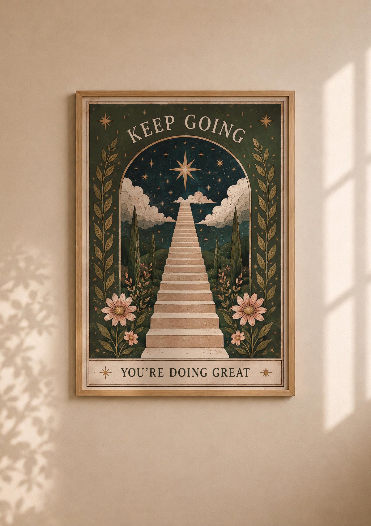 Keep Going Print | Inspirational Folk Art Wall Decor, Celestial Illustration, Framed or Unframed