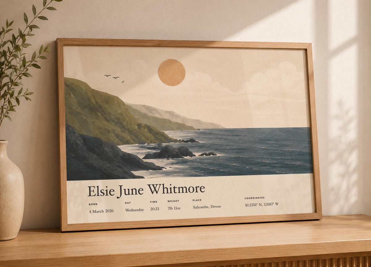 Personalised Birth Story Landscape Print | Coastal Nursery Wall Art | Framed or Unframed