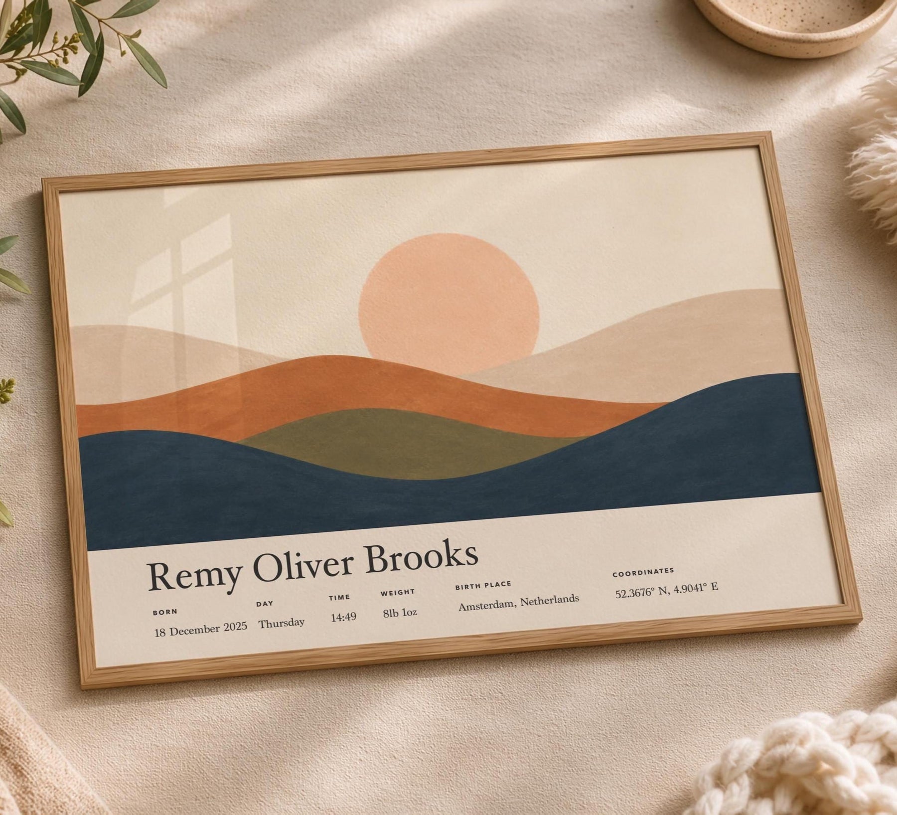 Personalised Birth Story Landscape Print | Rolling Hills Sunrise Nursery Art | Framed or Unframed
