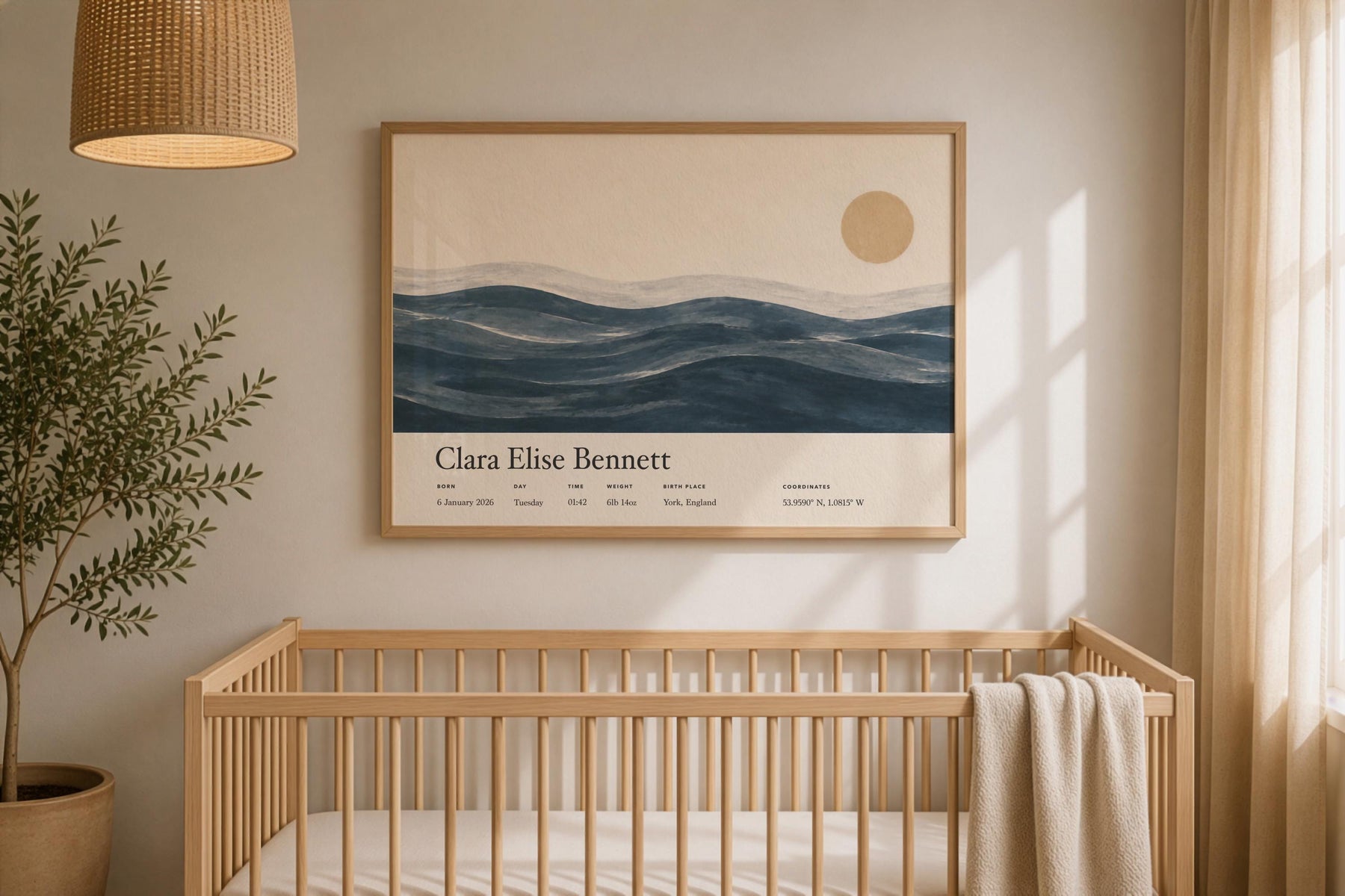Personalised Birth Story Landscape Print | Ocean Seascape Nursery Wall Art | Framed or Unframed