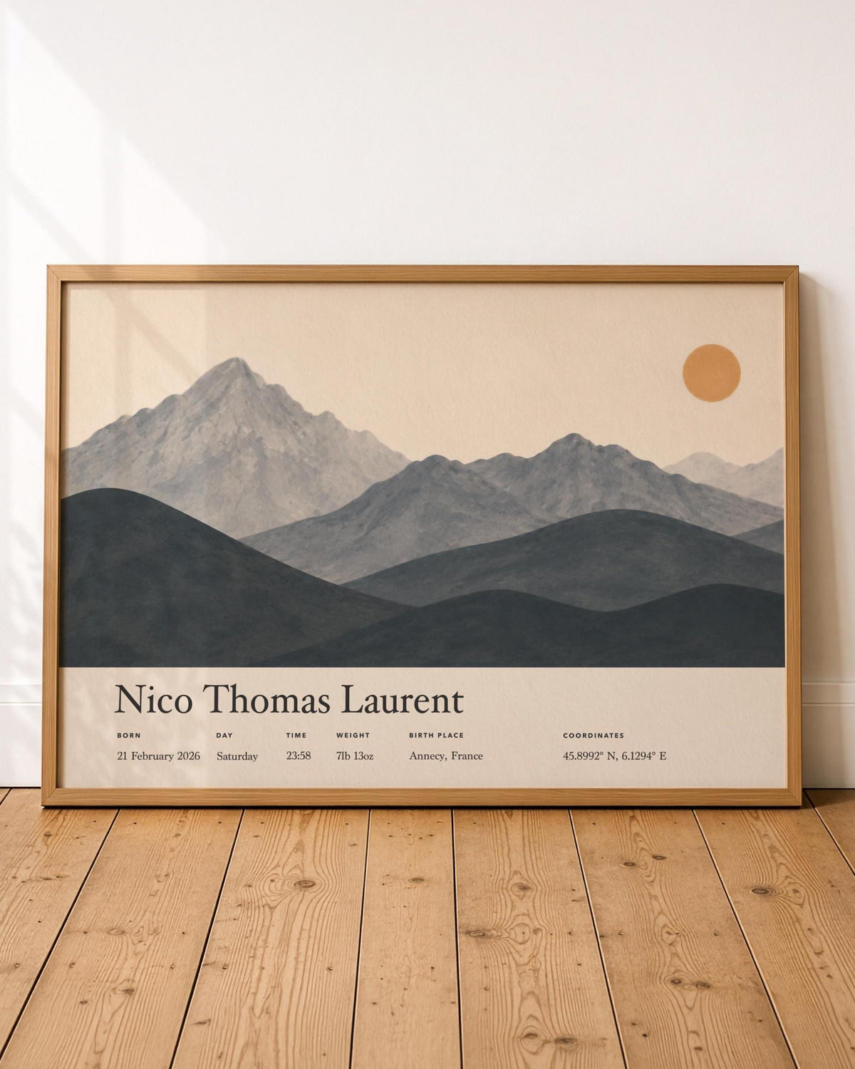 Personalised Birth Story Landscape Print | Mountain Nursery Wall Art | Framed or Unframed