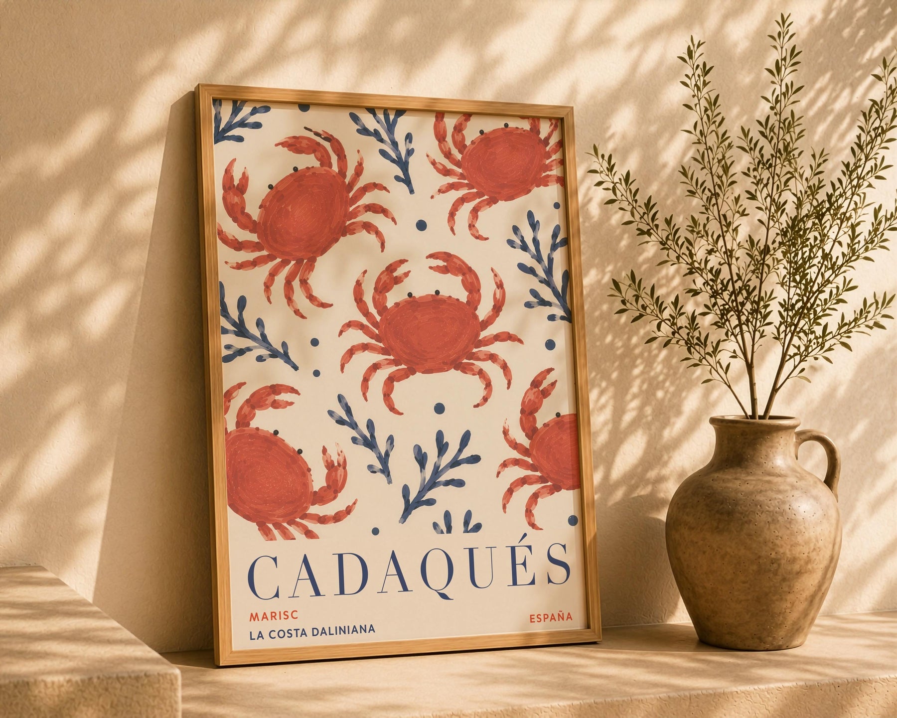Cadaqués Spain Travel Poster | Hand-Painted Crab Coastal Mediterranean Wall Art | Framed or Unframed