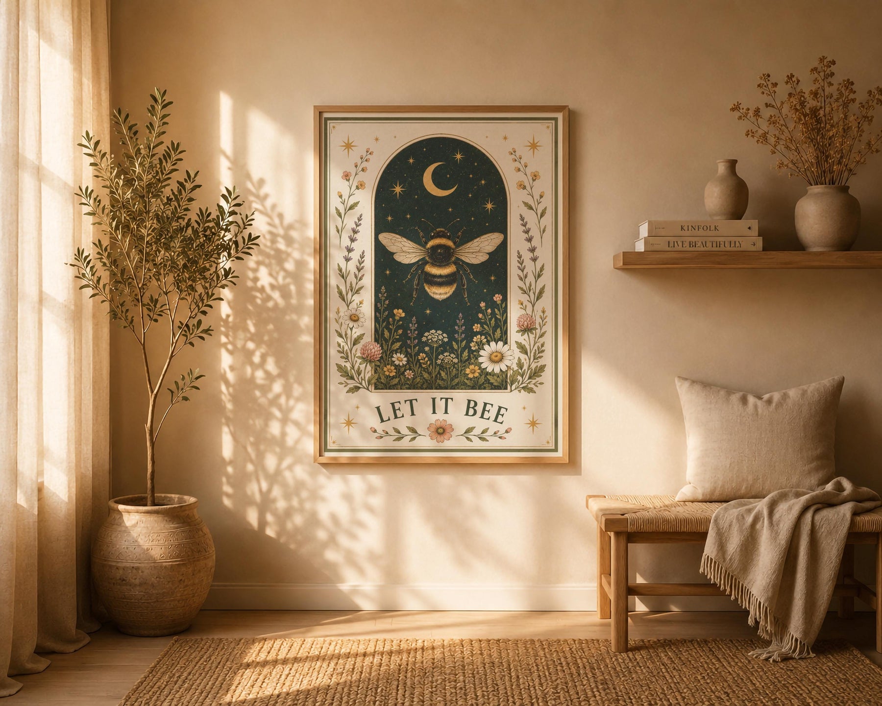 Bumblebee Folk Art Print | Celestial Moon, Wildflowers, Botanical Nature Decor | Framed or Unframed