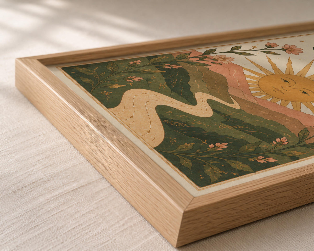 Catch The Sun Print | Inspirational Celestial Nursery Wall Art, Folk Landscape Illustration, Framed or Unframed
