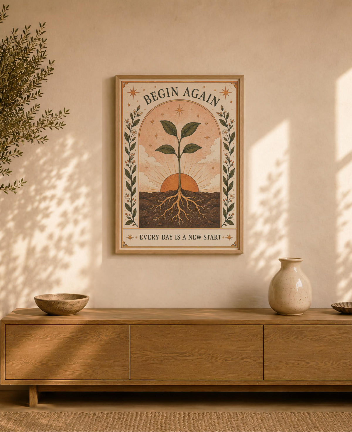 Begin Again Print | Botanical Folk Art Illustration | Framed or Unframed