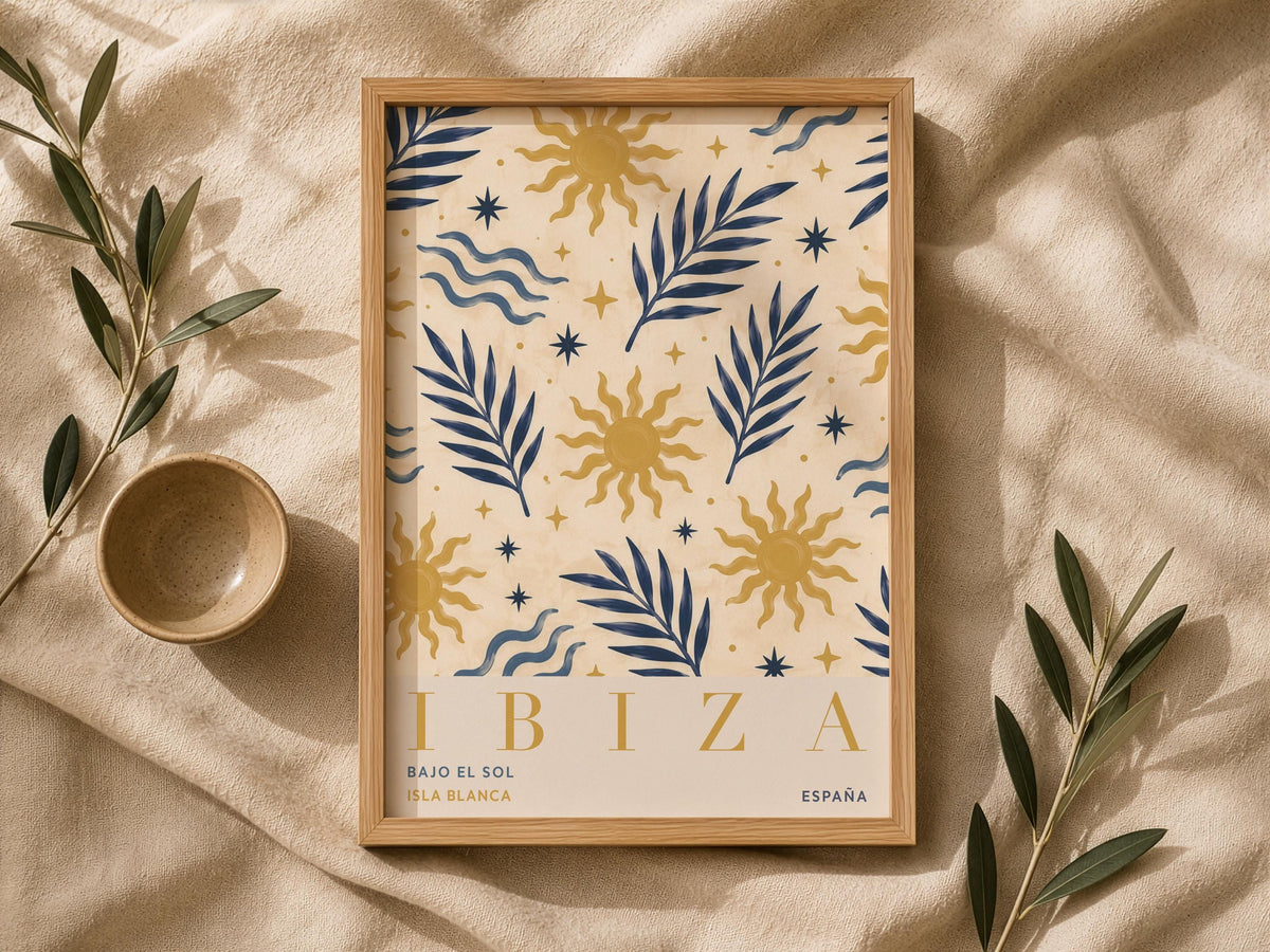 Ibiza Sun Palm Print | Hand-Painted Mediterranean Coastal Wall Art | Framed or Unframed
