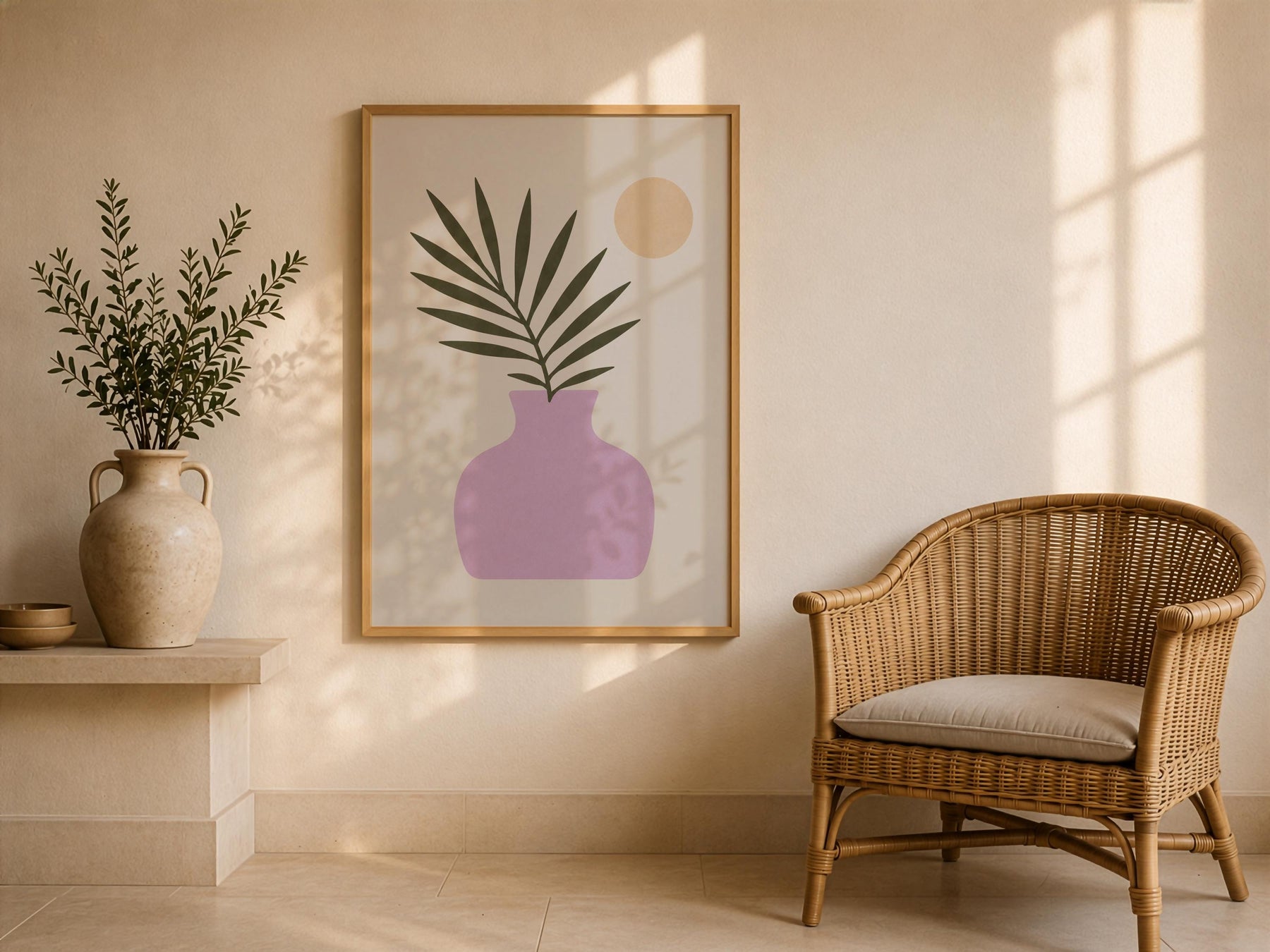 Moonlit Palmera Palm Frond Print | Minimalist Botanical Vase Wall Art | Framed or Unframed