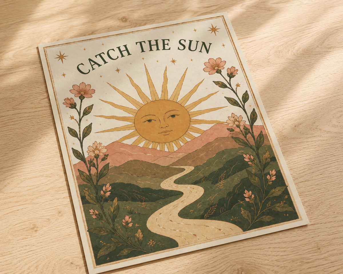 Catch The Sun Print | Inspirational Celestial Nursery Wall Art, Folk Landscape Illustration, Framed or Unframed