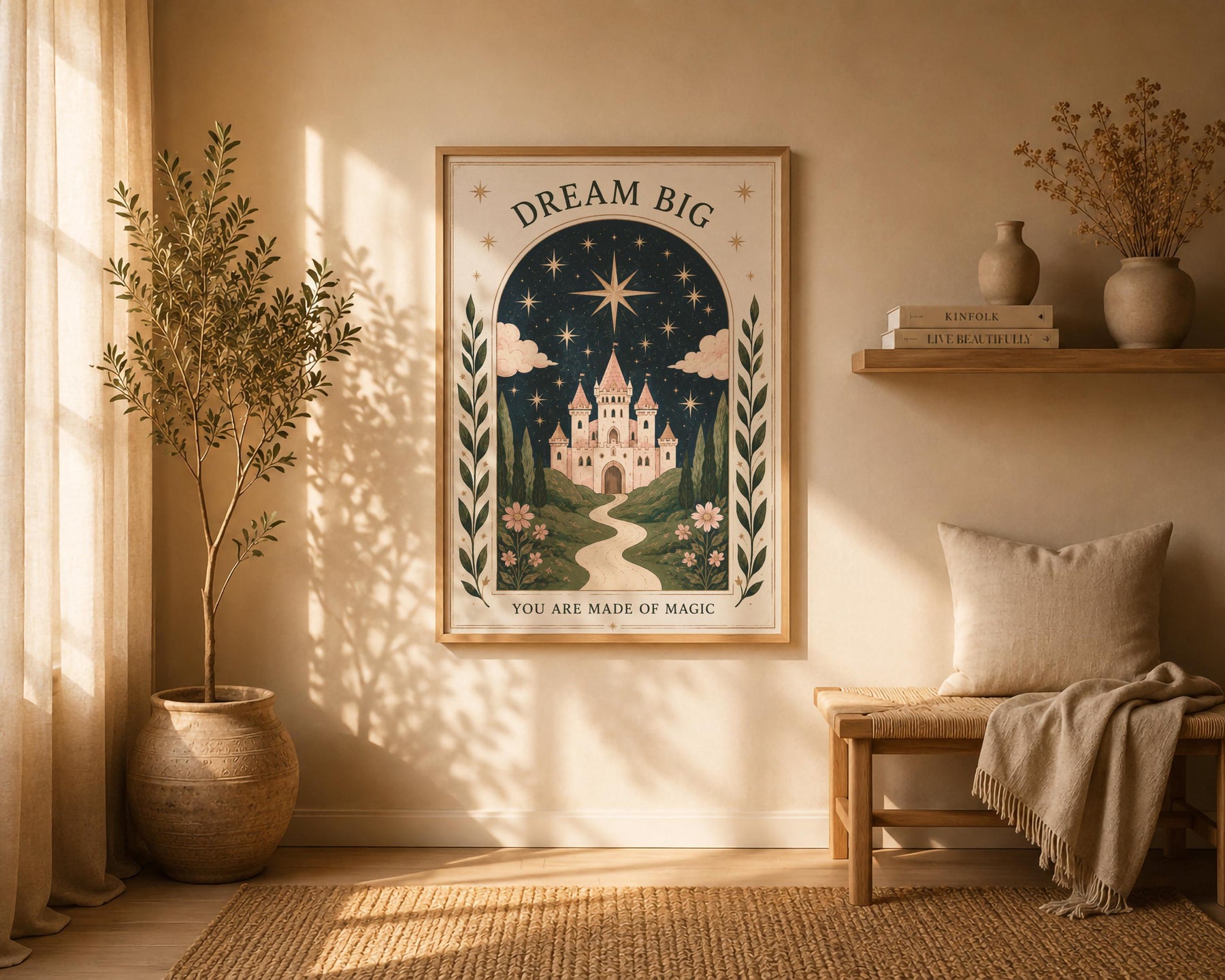 Dream Big Celestial Pink Castle Illustrated Print | Fairytale Wall Art | Framed or Unframed