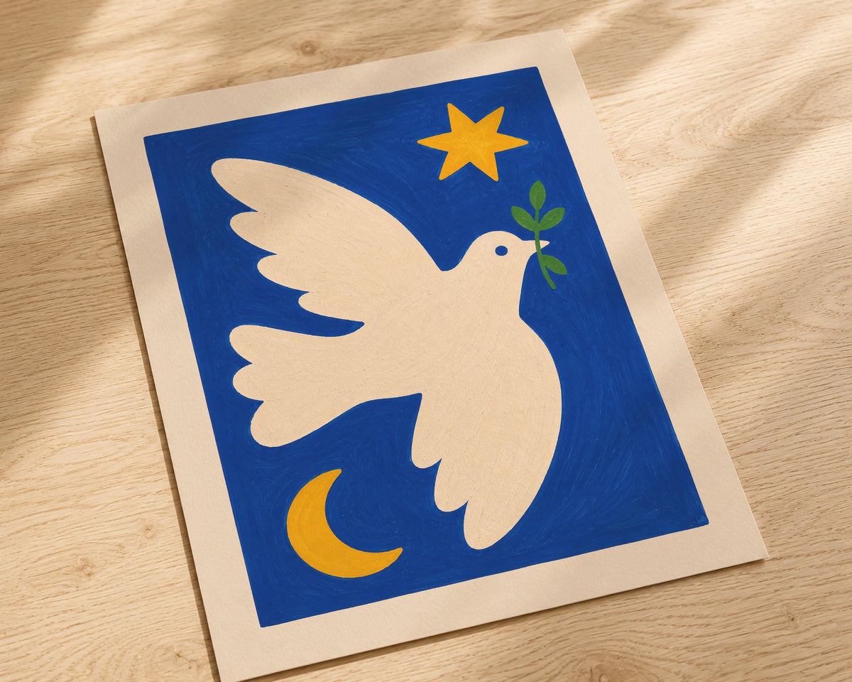 Hand-Painted Peace Dove Art Print | Colourful Folk Art Bird Wall Decor | Framed or Unframed