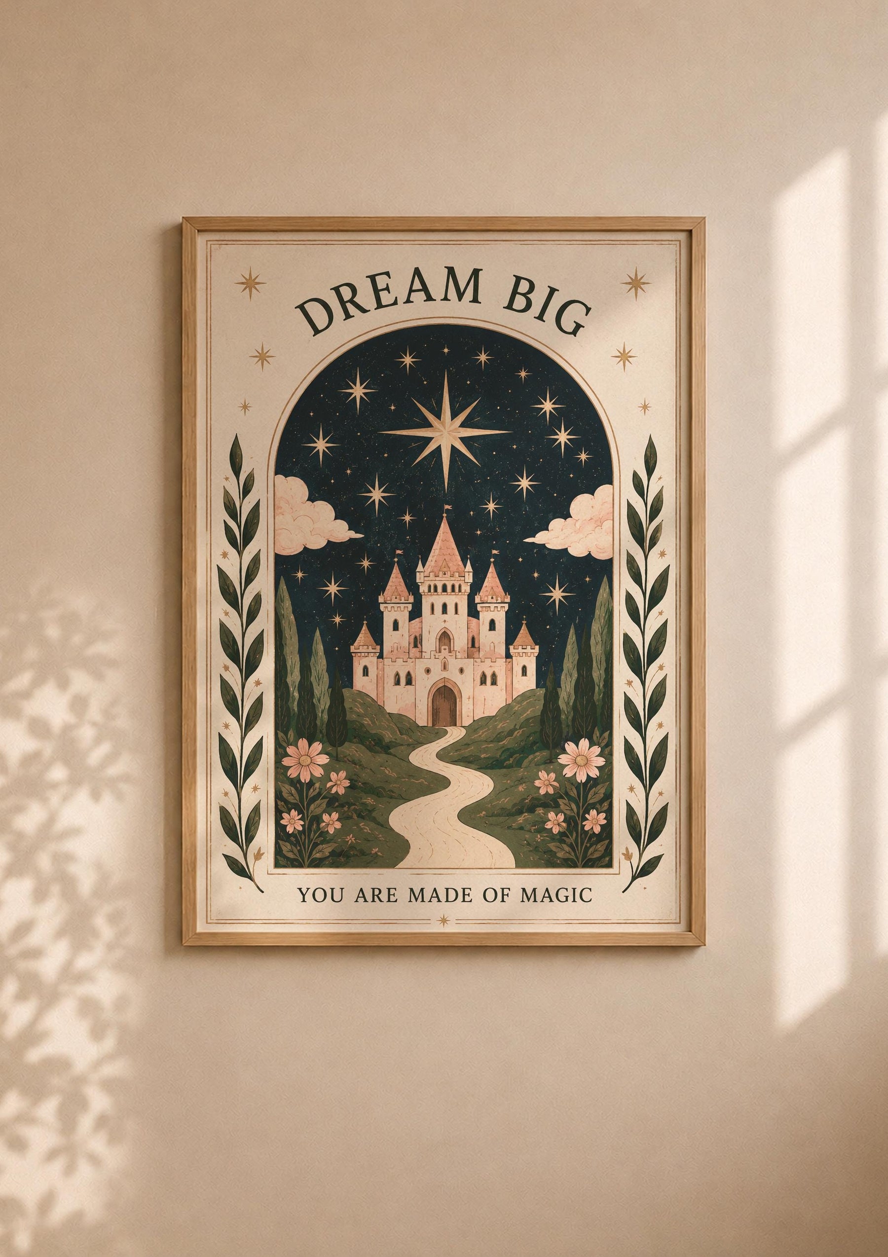 Dream Big Celestial Pink Castle Illustrated Print | Fairytale Wall Art | Framed or Unframed