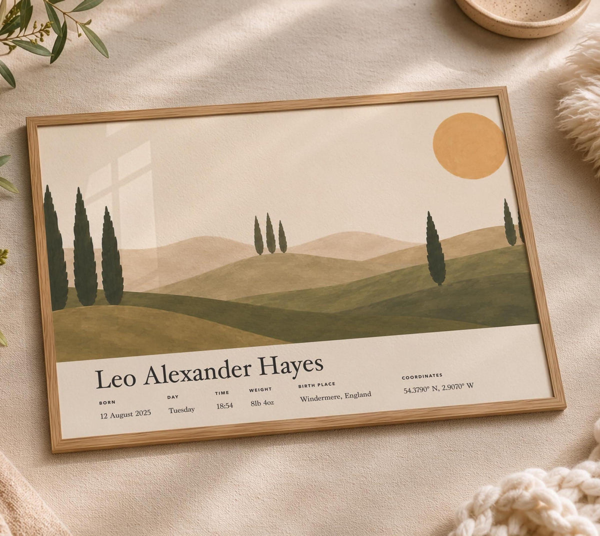 Personalised Birth Story Landscape Print | Mediterranean Nursery Wall Art | Framed or Unframed