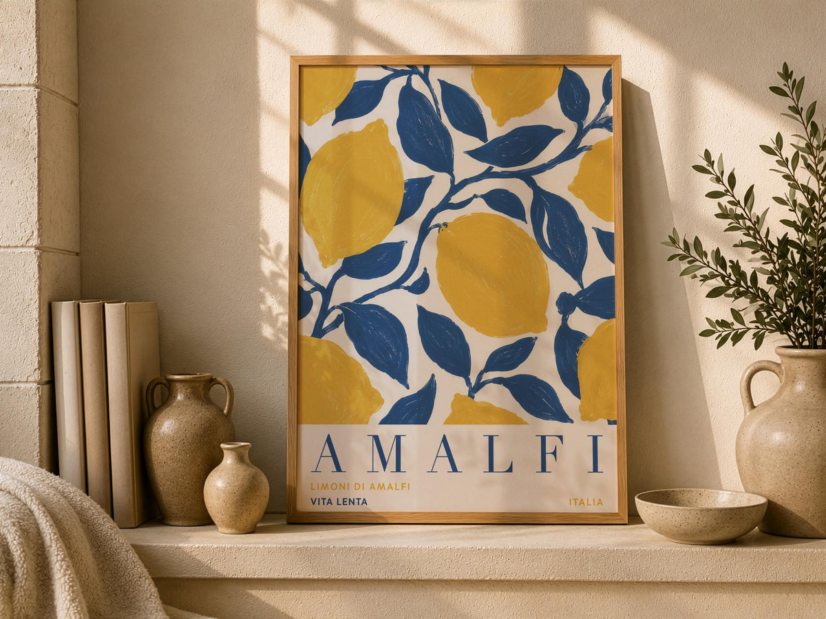 Amalfi Coast Lemon Print | Hand-Painted Italian Travel Poster Wall Art | Framed or Unframed