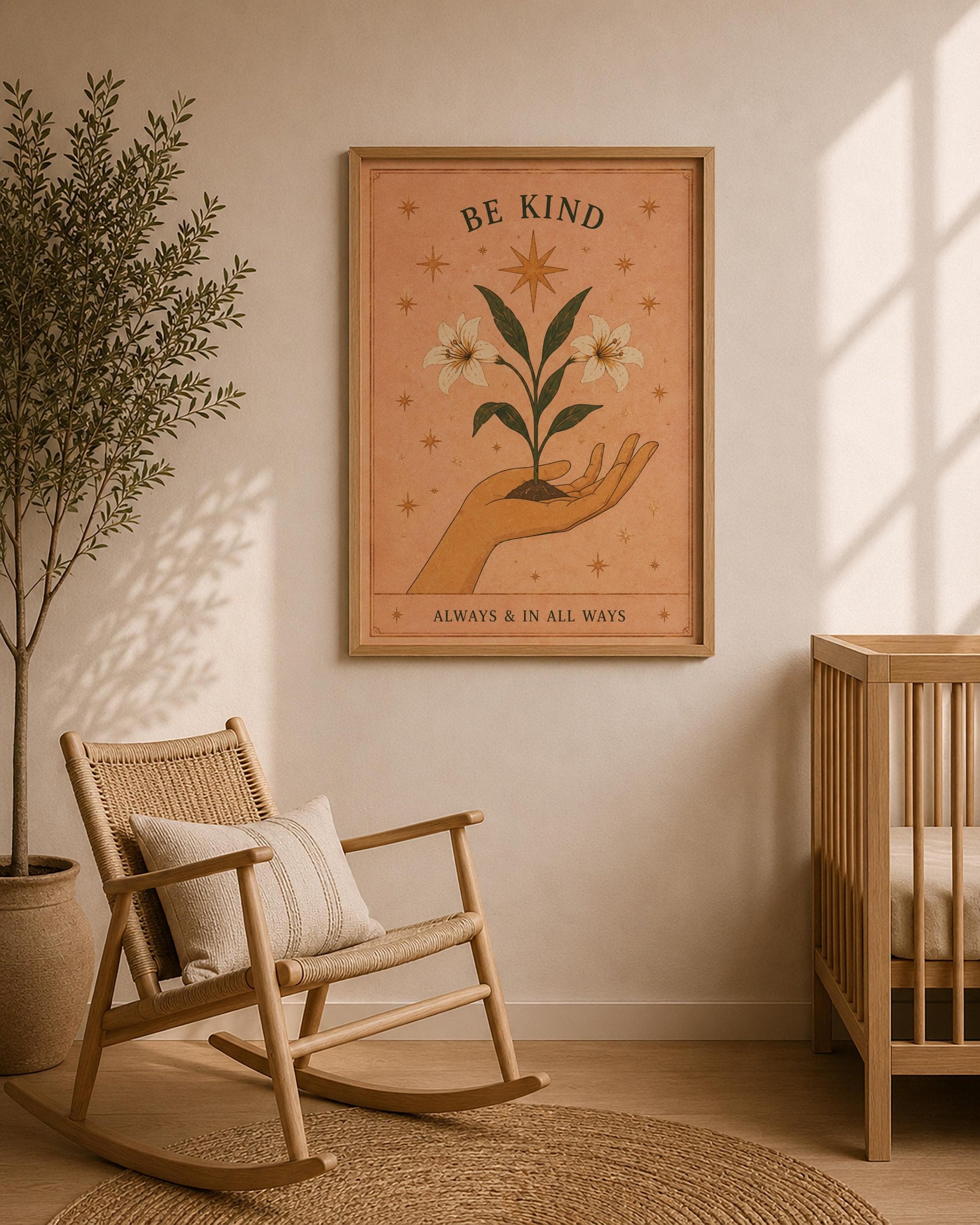 Be Kind Print | Inspirational Hand-Painted Floral Artwork, Celestial Folk Art | Framed or Unframed