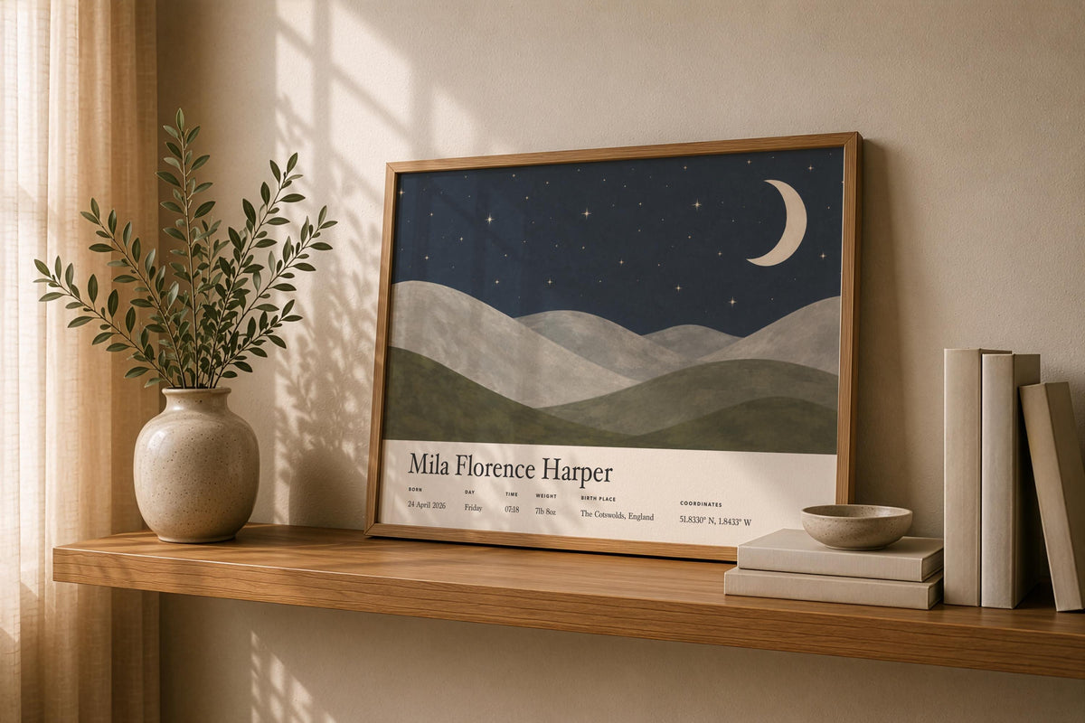 Personalised Birth Story Print | Moon Stars Nursery Wall Art | Framed or Unframed