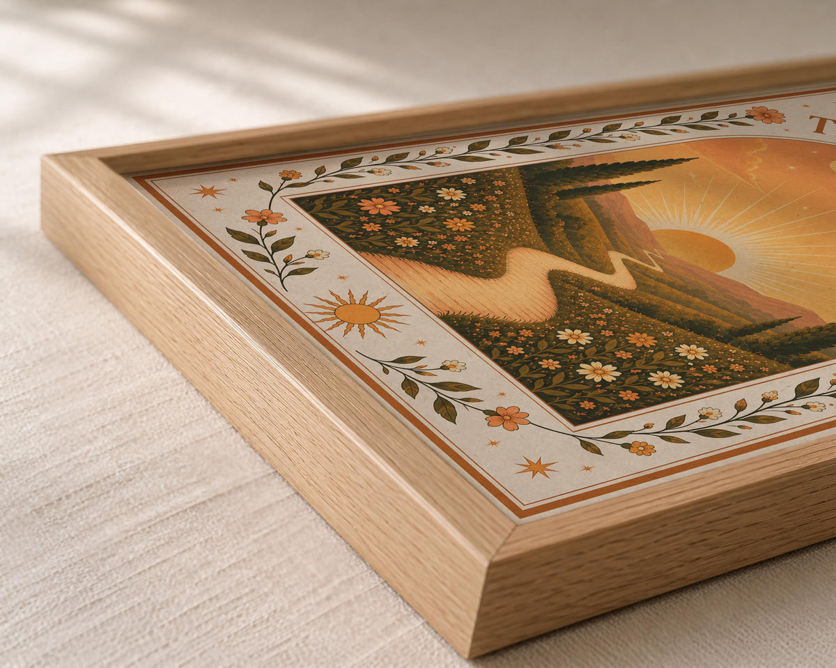 The Golden Hour Print | Sunset Wall Art, Folk Art Landscape Illustration, Framed or Unframed