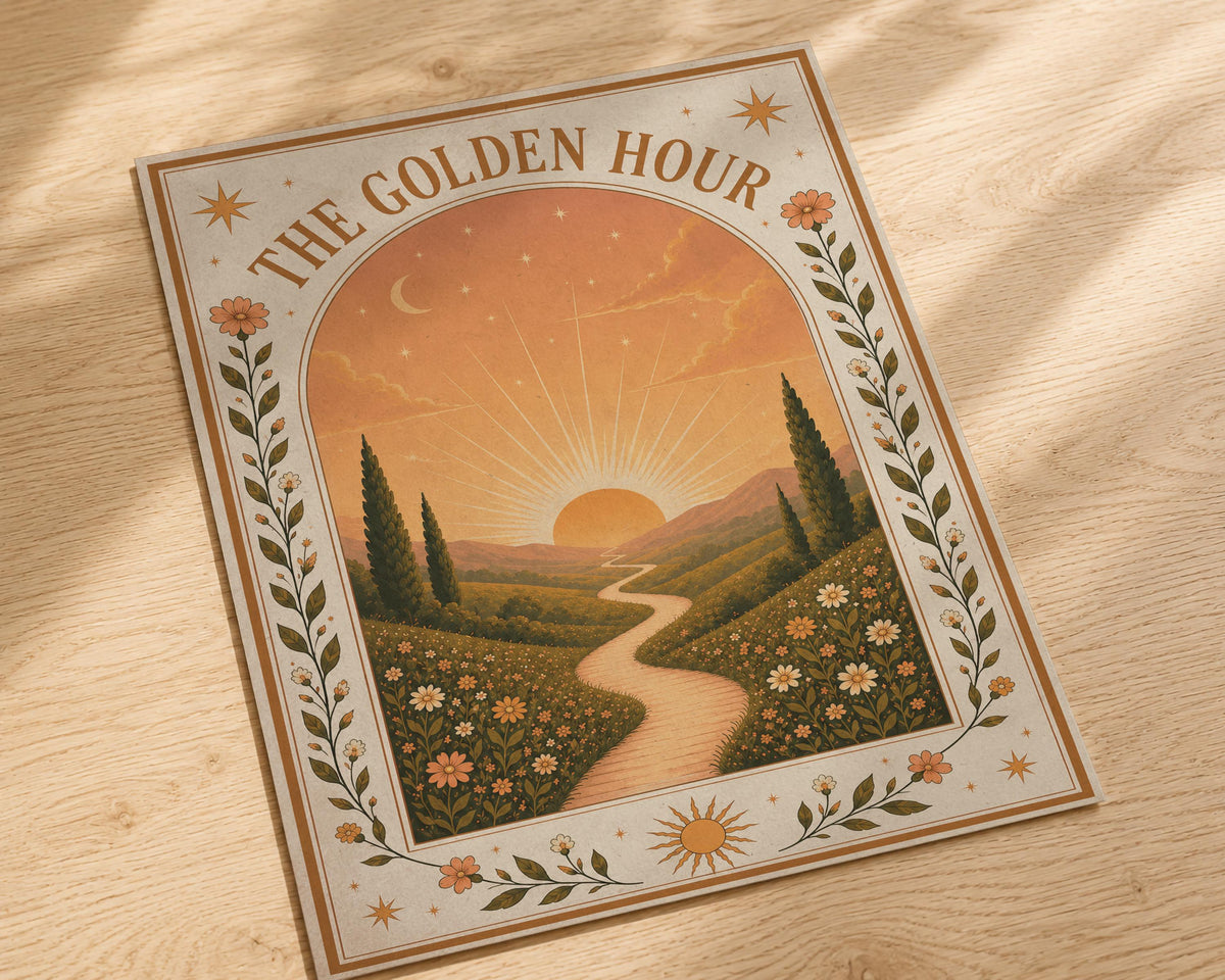 The Golden Hour Print | Sunset Wall Art, Folk Art Landscape Illustration, Framed or Unframed