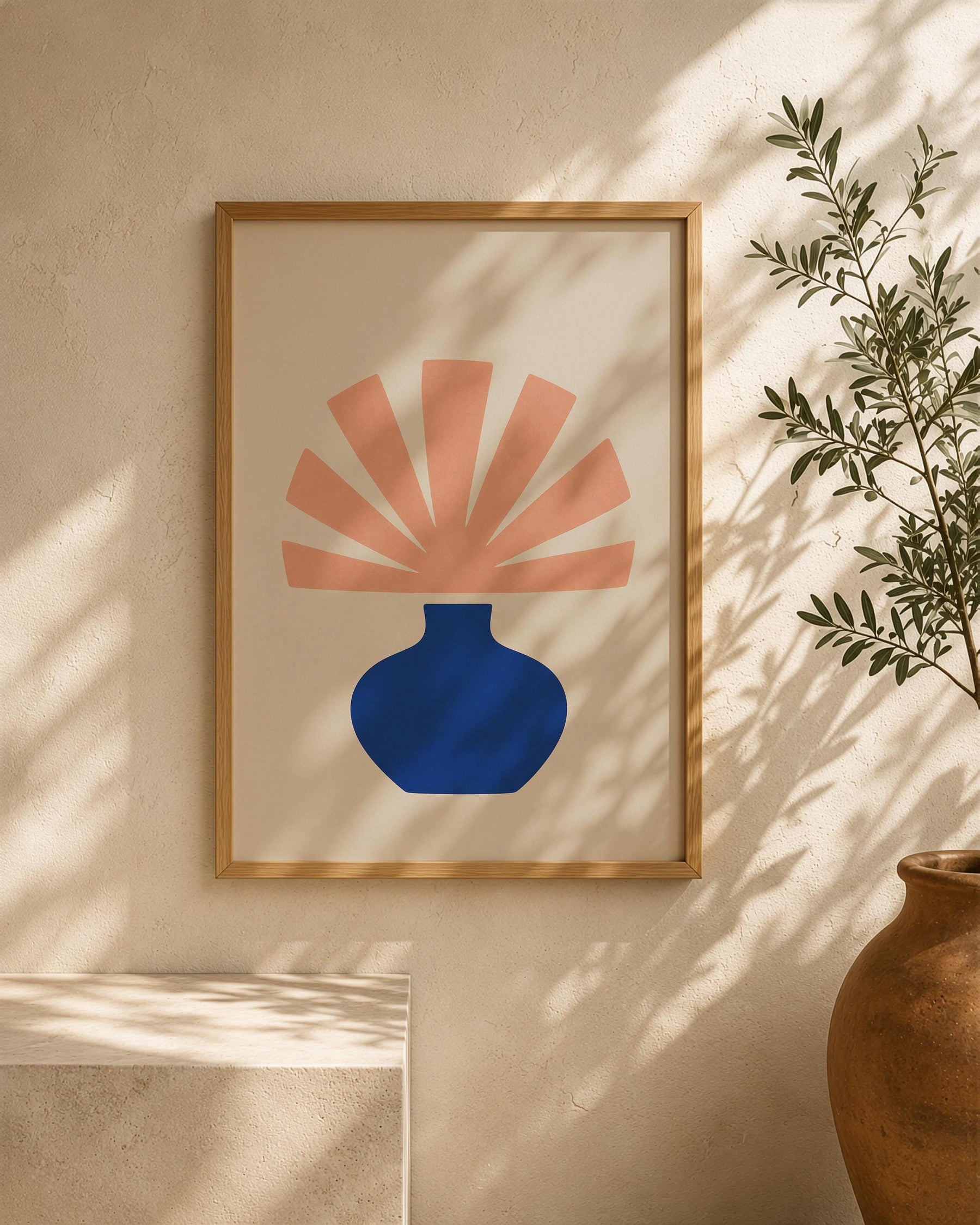 Bloom Abstract Blue Vase Botanical Print | Minimalist Mediterranean Wall Art | Framed or Unframed
