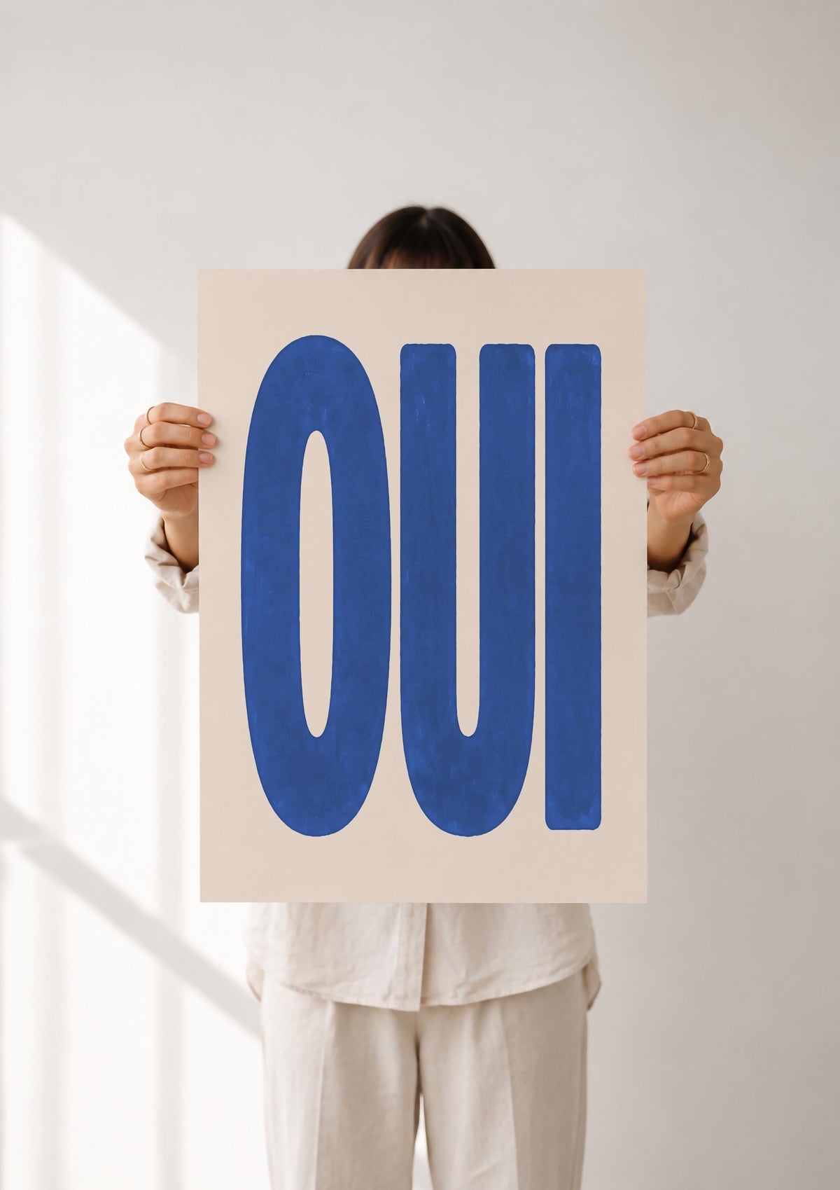 Oui Print | French Typography Wall Art, Hand-Painted Cobalt Blue Decor | Framed or Unframed
