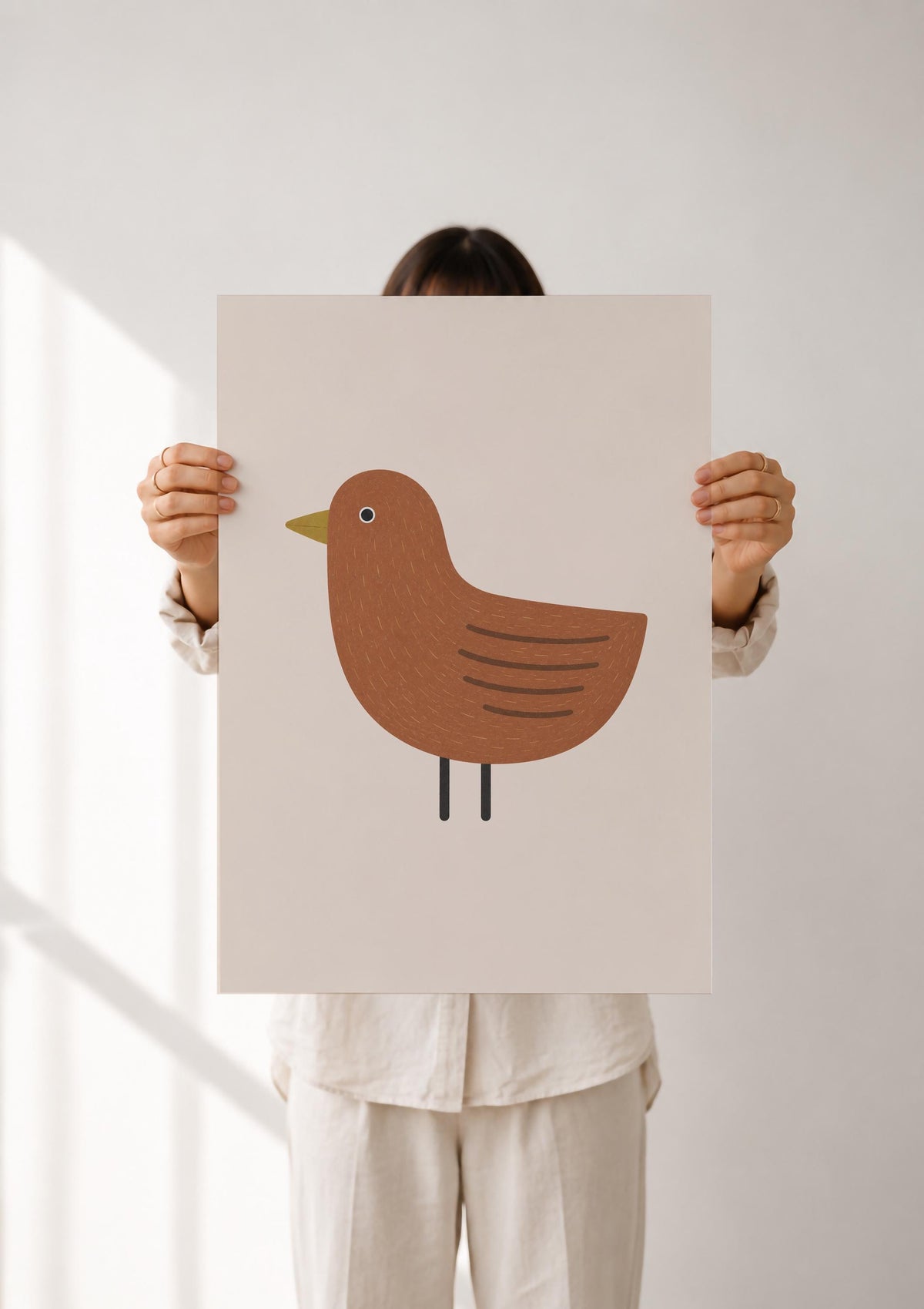 Hand-Painted Bird Print | Scandinavian Folk Art, Neutral Nursery Decor | Framed or Unframed