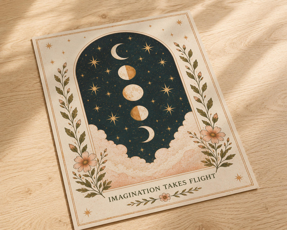Imagination Takes Flight Celestial Moon Phases Print | Inspirational Folk Art Illustration | Framed or Unframed