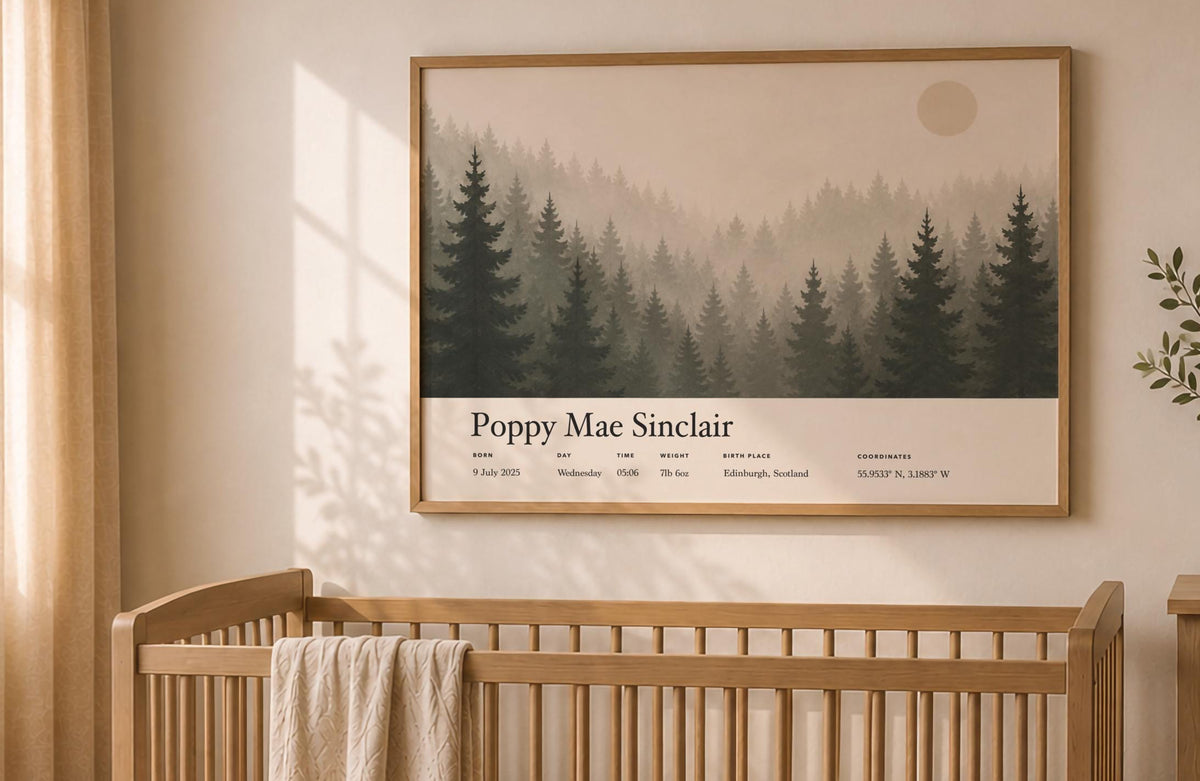 Personalised Birth Story Print | Misty Forest Nursery Wall Art | Framed or Unframed