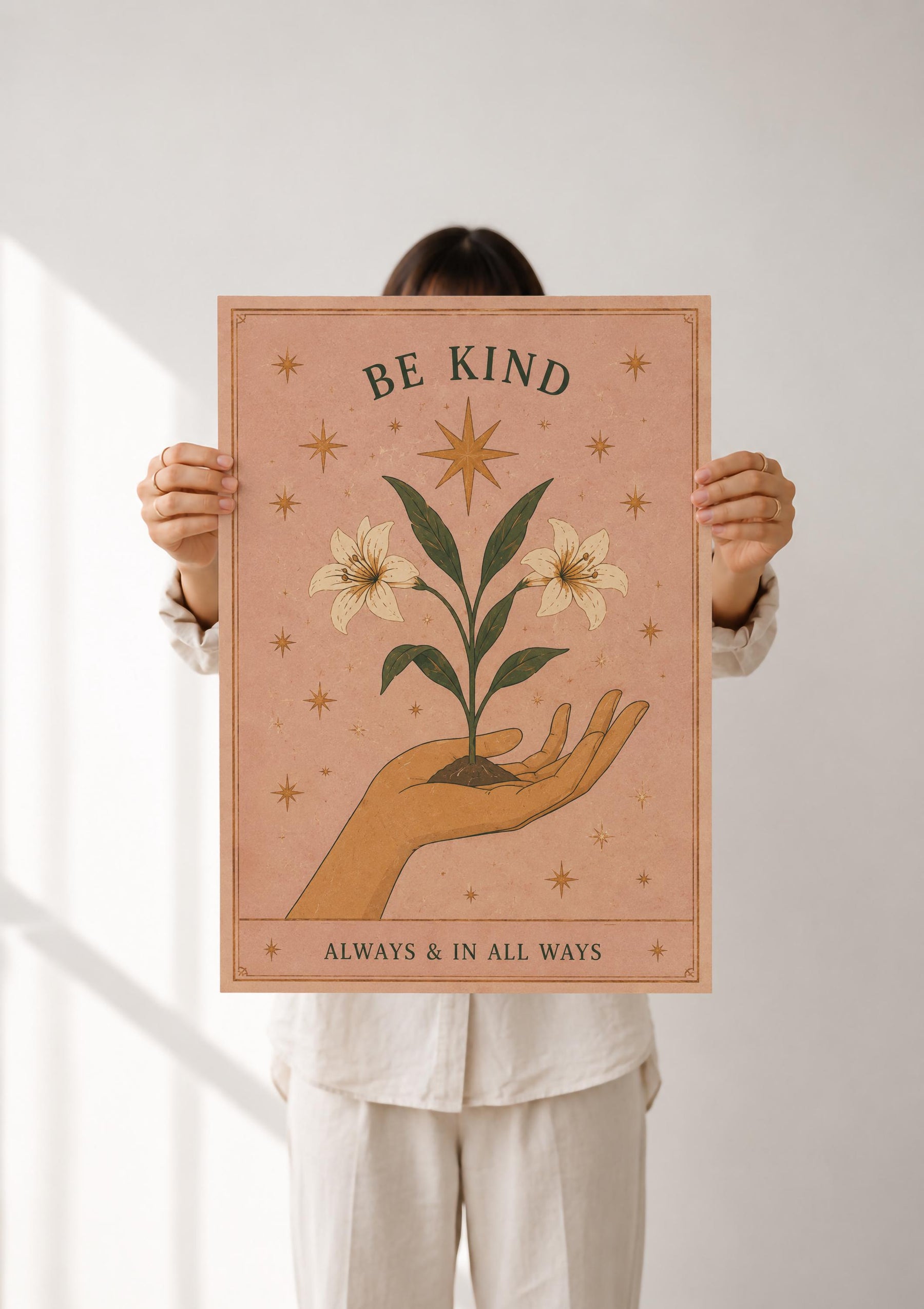 Be Kind Print | Inspirational Hand-Painted Floral Artwork, Celestial Folk Art | Framed or Unframed