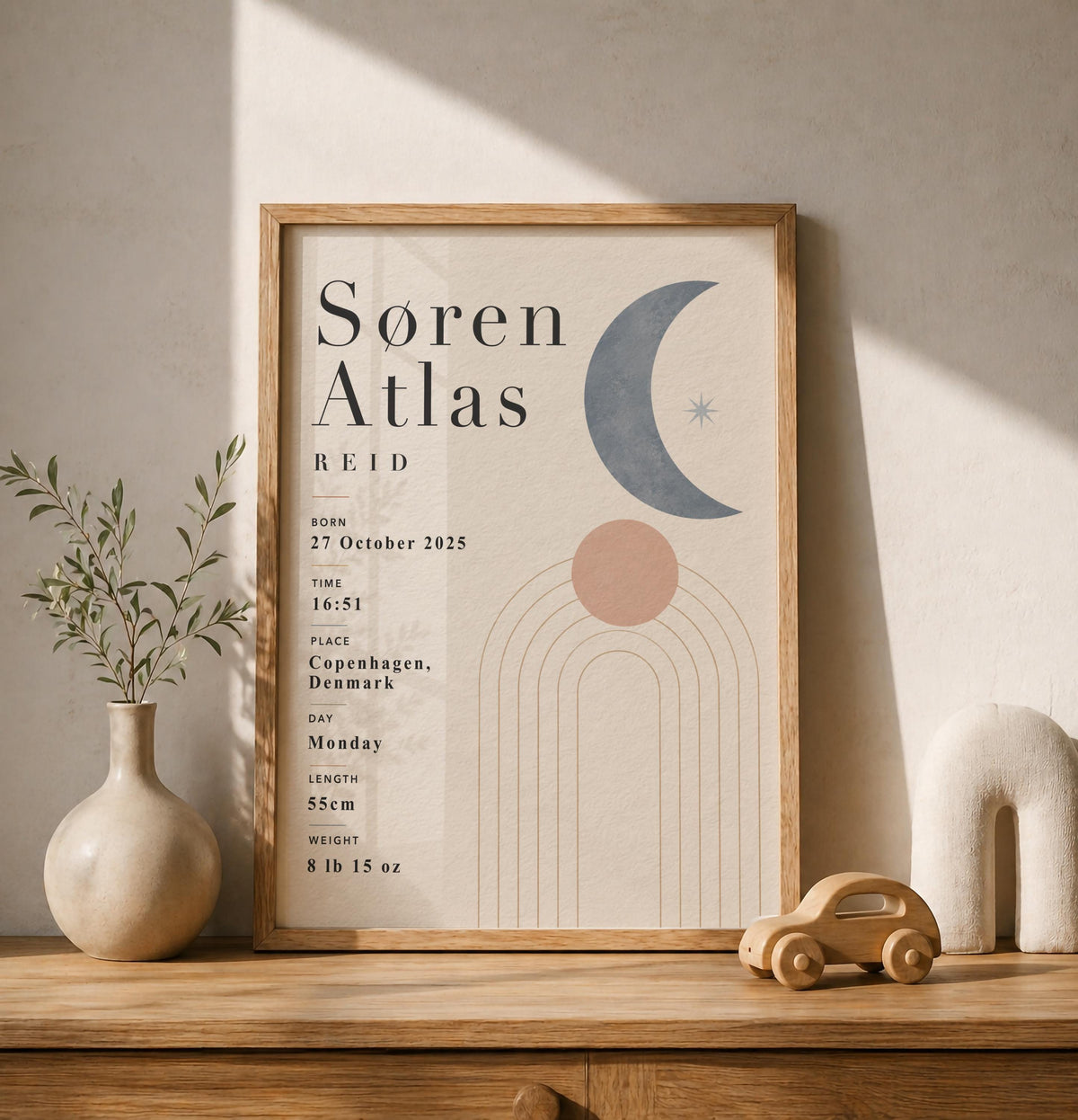 Personalised Moon Birth Record Print | Modern Nursery Wall Art | Framed or Unframed