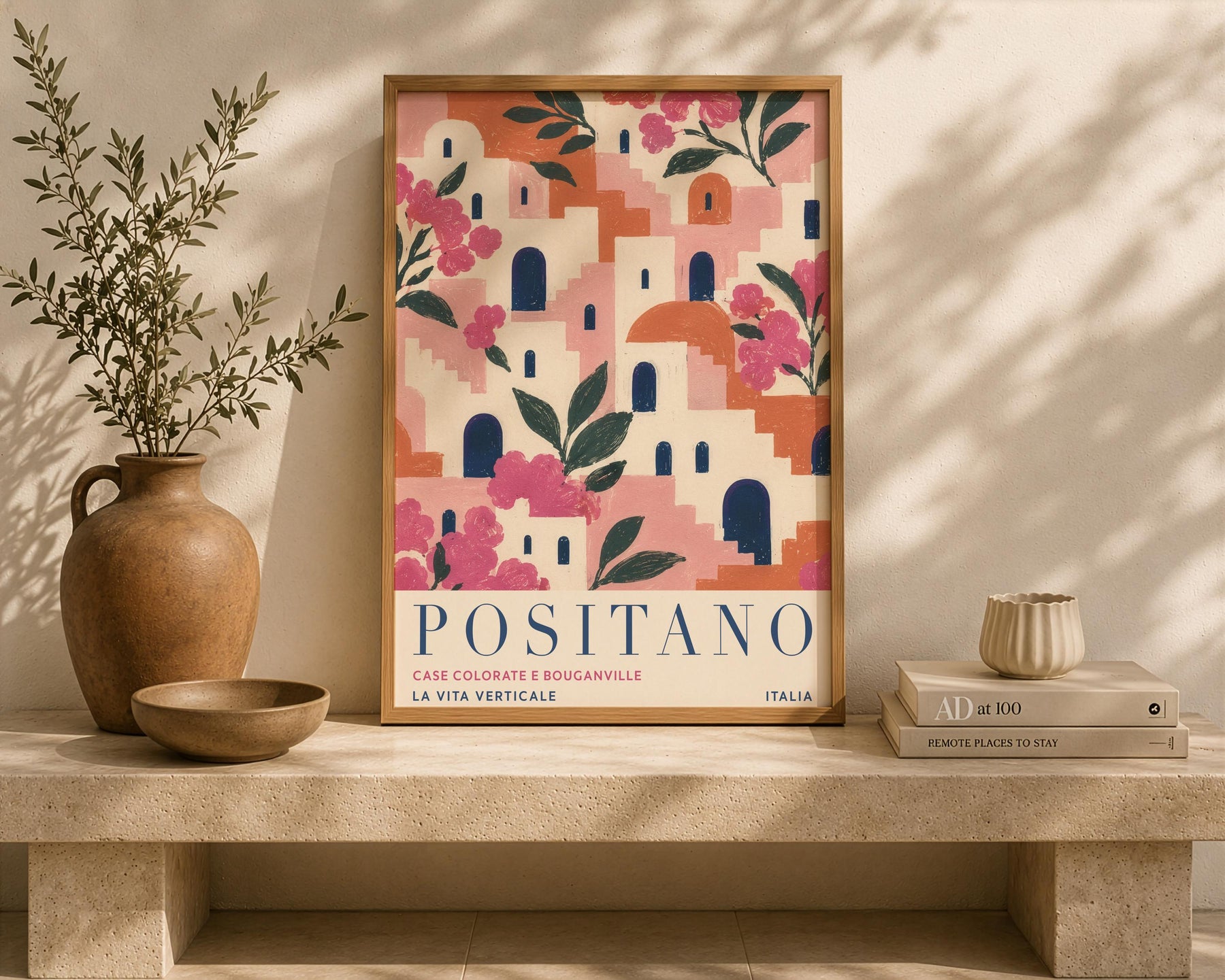 Positano Print | Amalfi Coast Travel Poster, Bougainvillea Floral Wall Art | Framed or Unframed