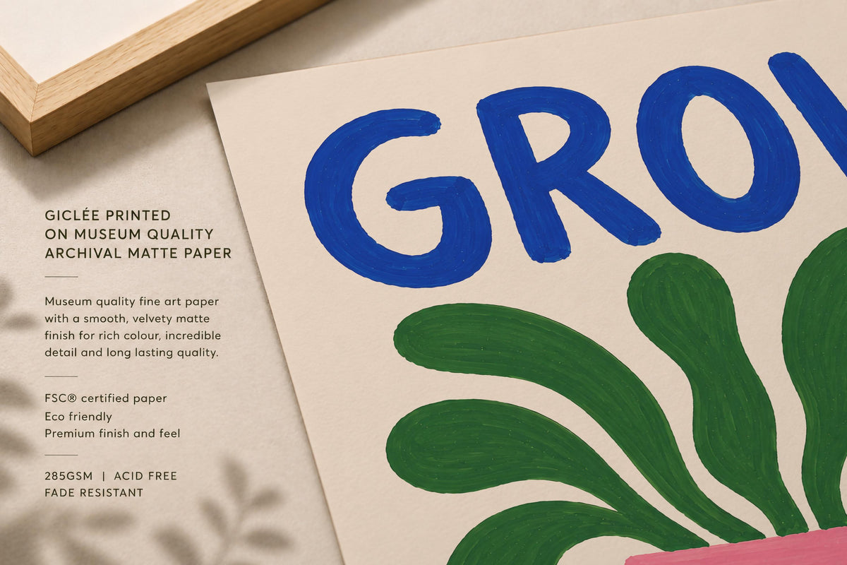 Grow Happy Hand-Painted Botanical Print | Inspirational Wall Art | Framed or Unframed