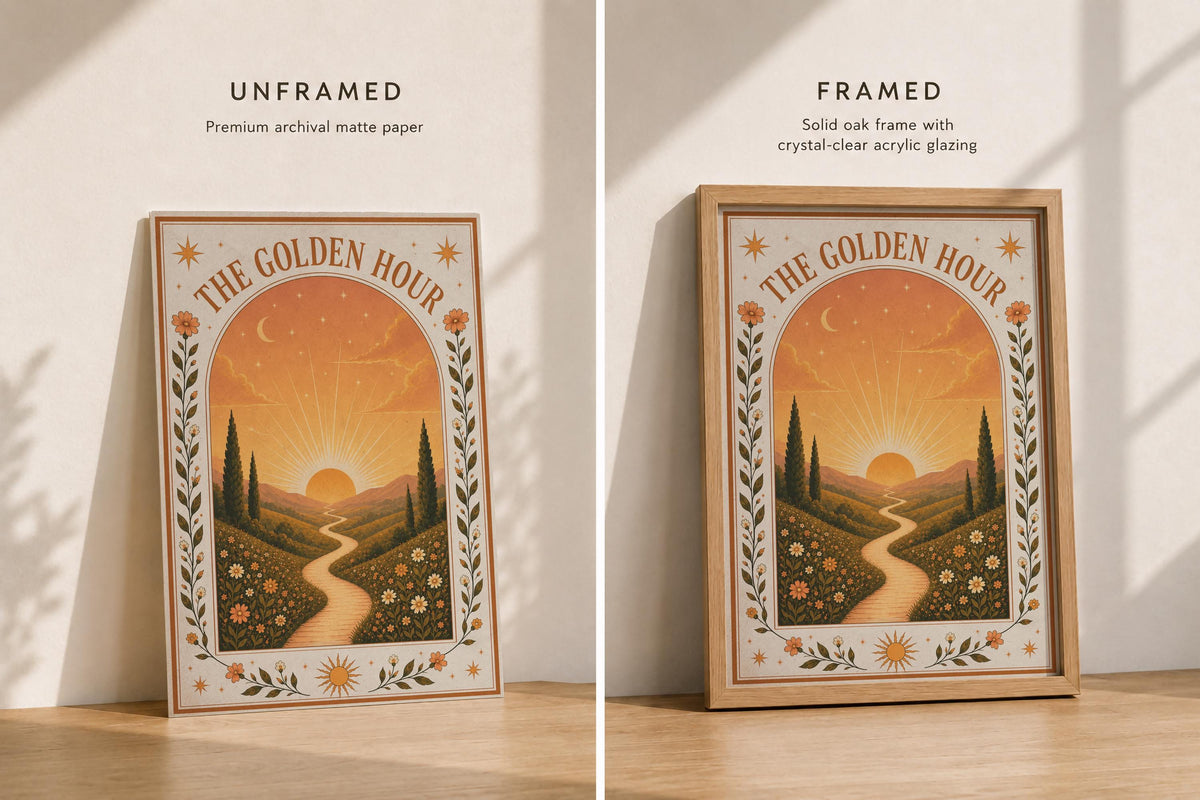 The Golden Hour Print | Sunset Wall Art, Folk Art Landscape Illustration, Framed or Unframed