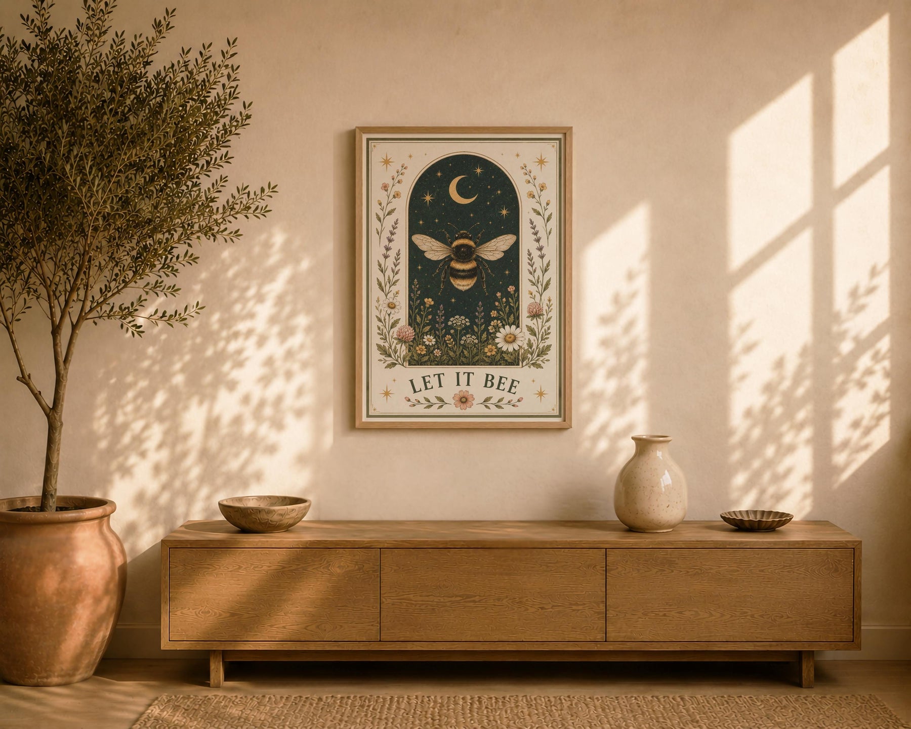 Bumblebee Folk Art Print | Celestial Moon, Wildflowers, Botanical Nature Decor | Framed or Unframed