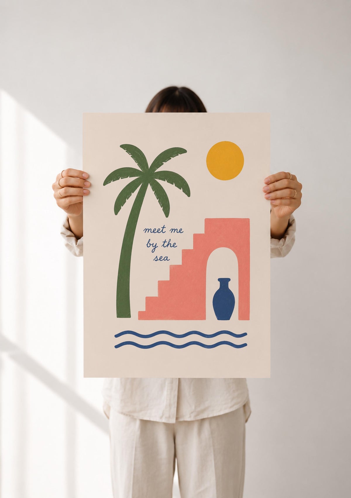 Meet Me By The Sea Hand-Painted Coastal Print | Mediterranean Palm Tree Wall Art | Framed or Unframed