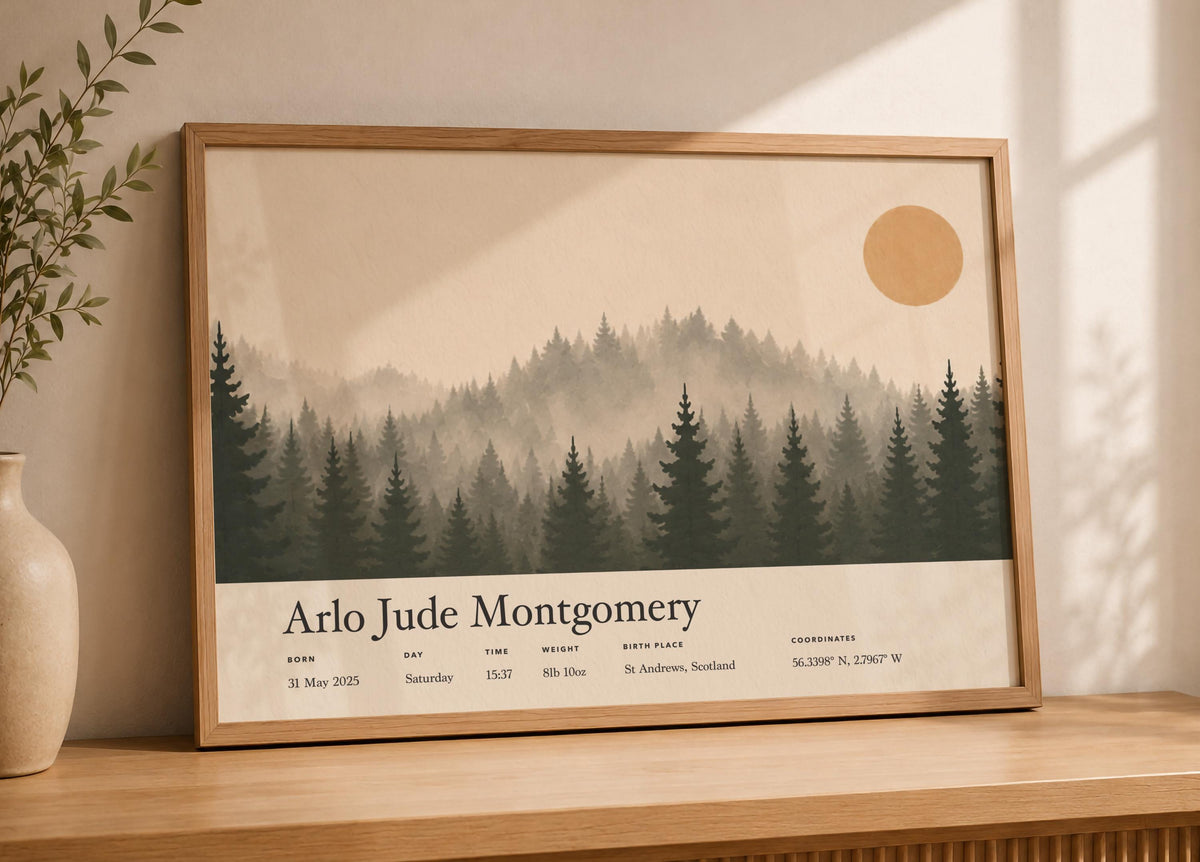 Personalised Birth Story Landscape Print | Forest Hills Nursery Wall Art | Framed or Unframed