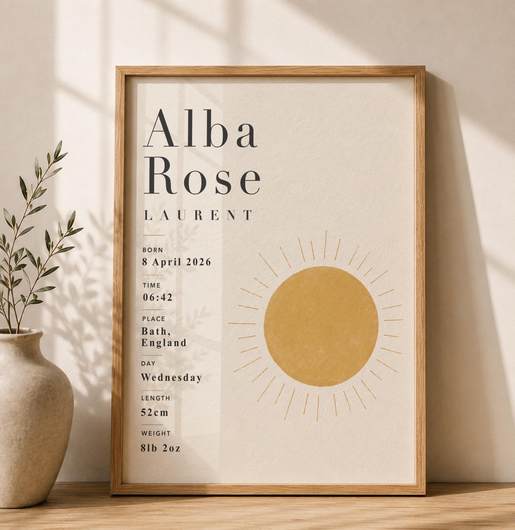 Personalised Sun Birth Record Print | Yellow Nursery Wall Art | Framed or Unframed