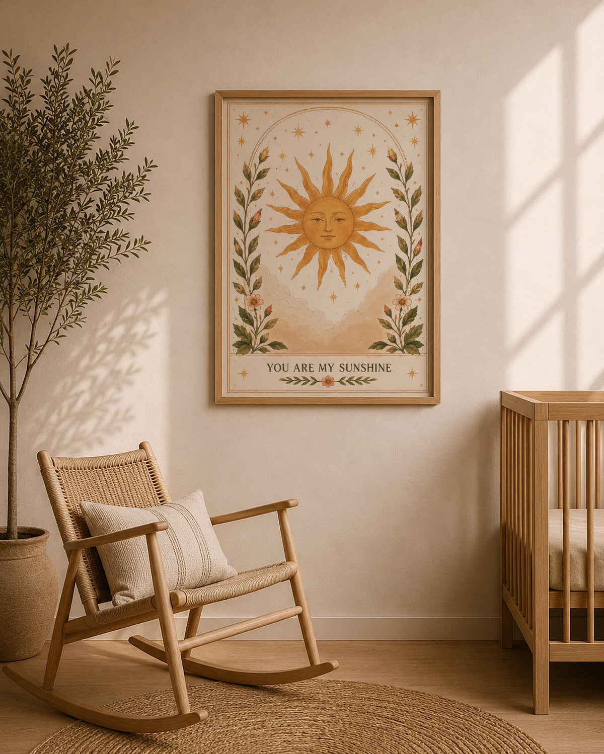 You Are My Sunshine Celestial Sun Print | Positive Message Folk Art Illustration, Botanical Wall Art | Framed or Unframed