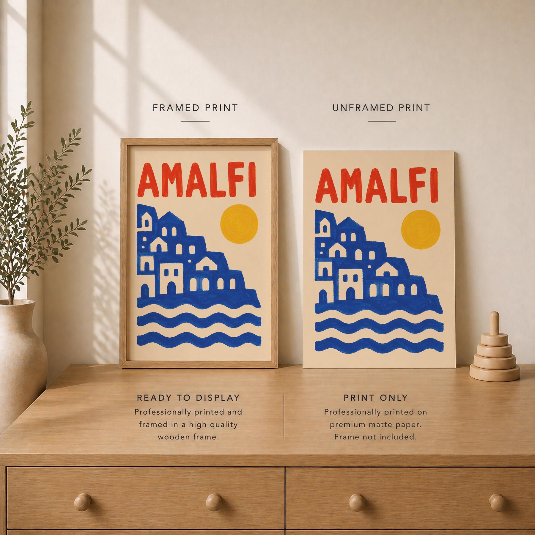 Amalfi Coast Print | Hand-Painted Mediterranean Seaside Artwork | Framed or Unframed