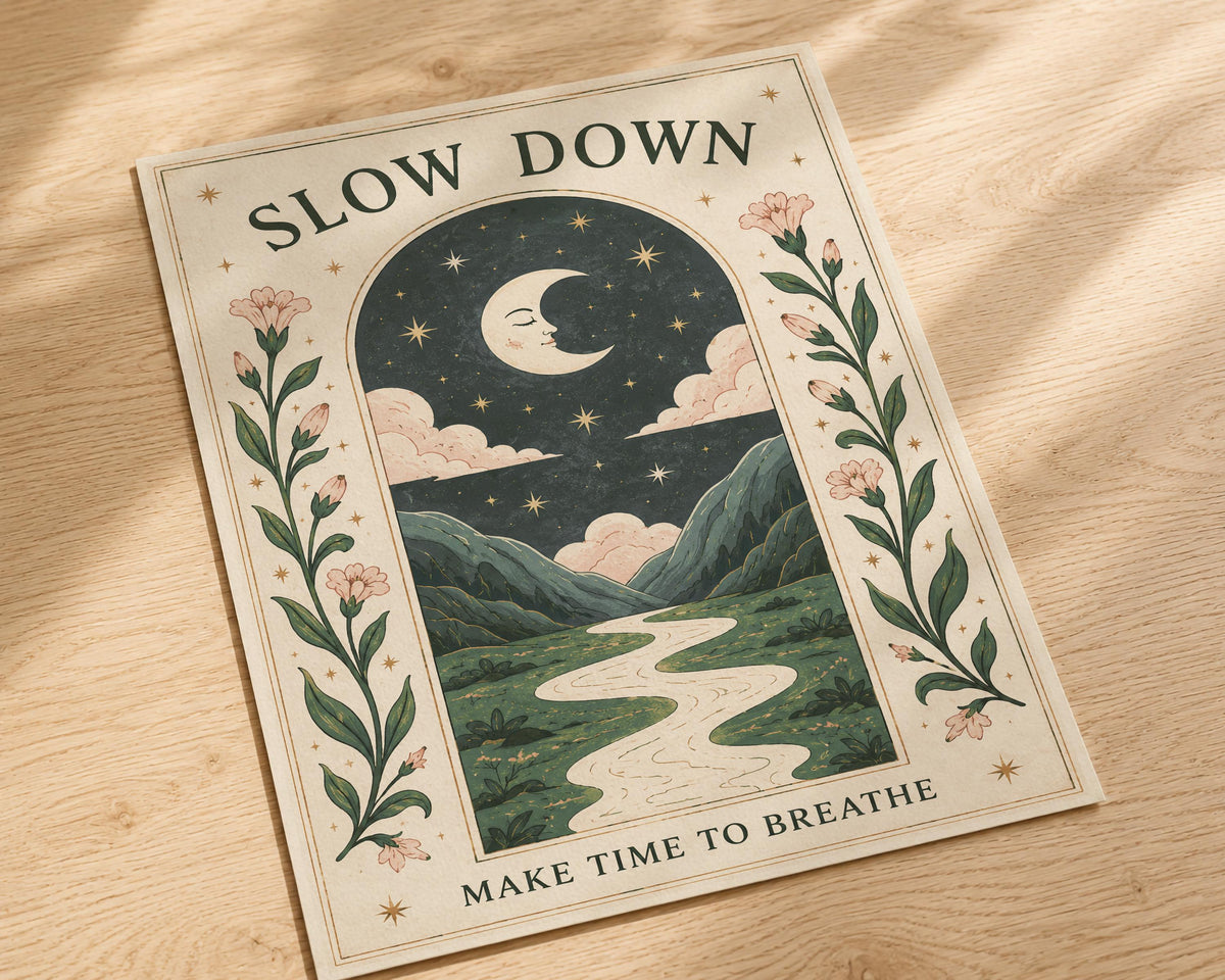 Slow Down Celestial Moon Folk Art Print | Positive Message Folk Art Starry Night Illustration | Framed or Unframed