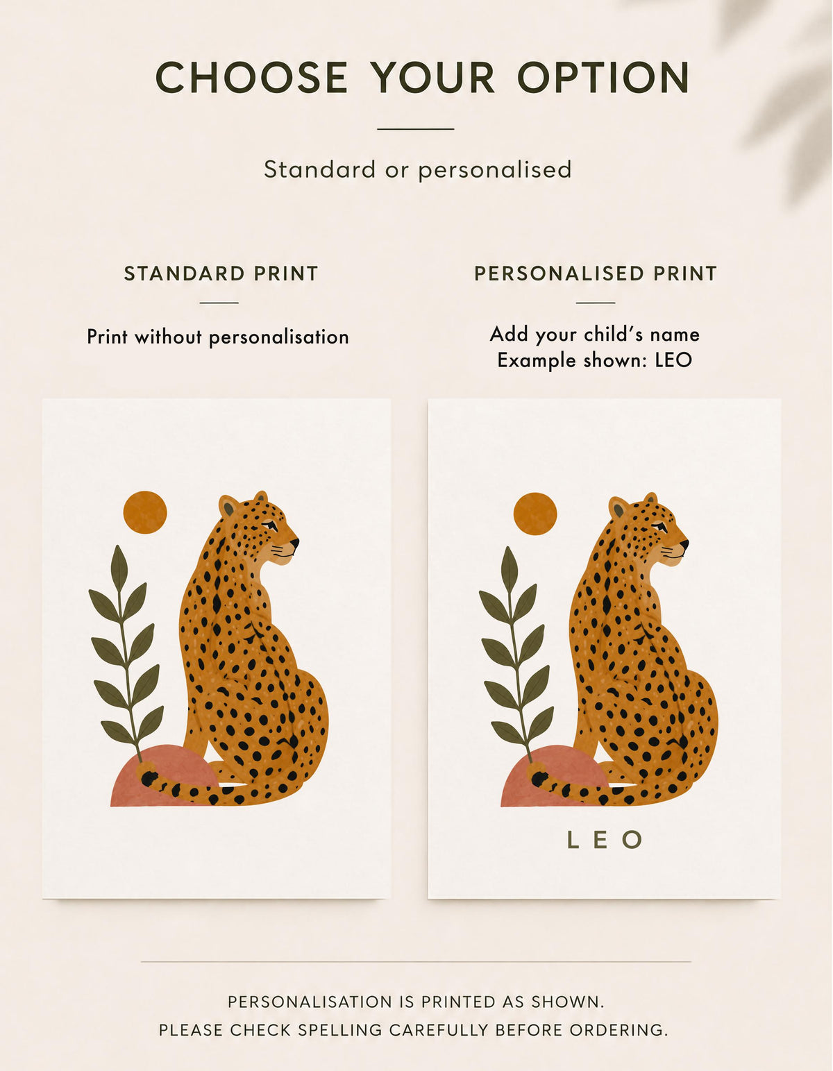 Personalised Leopard Nursery Print | Safari Jungle Animal Illustrated Wall Art | Framed or Unframed
