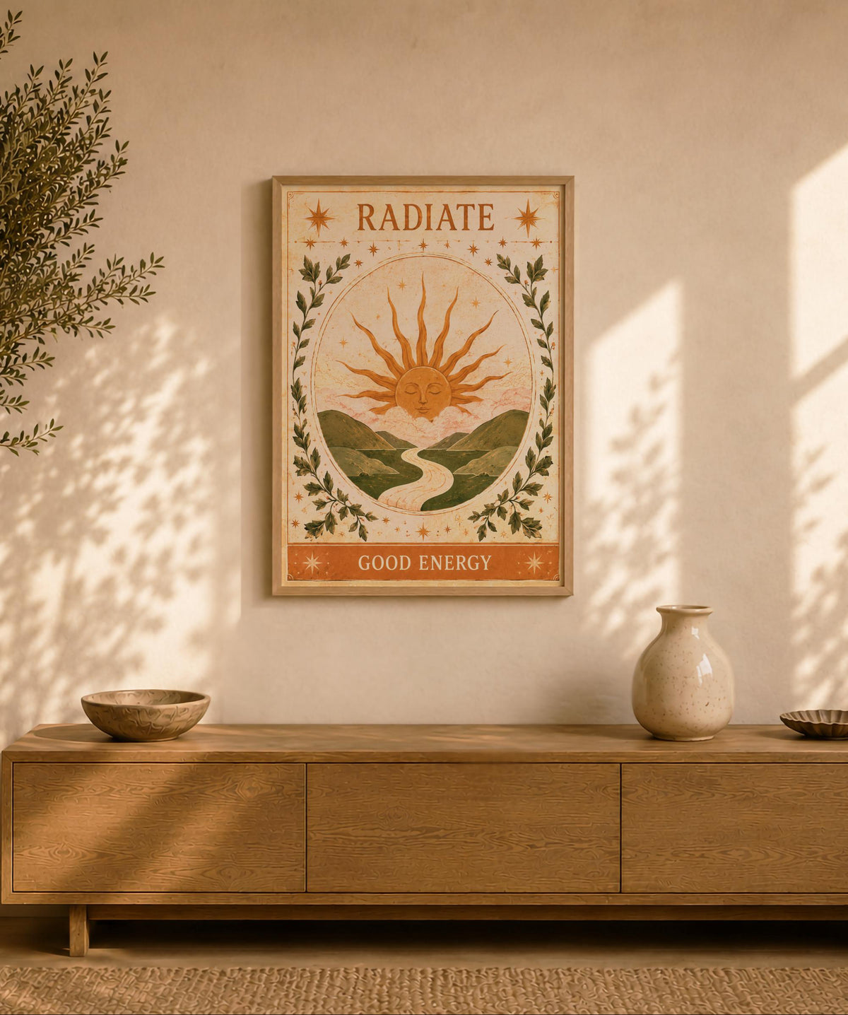 Radiate Good Energy Sun Print | Inspirational Wall Art, Celestial Folk Illustration | Framed or Unframed