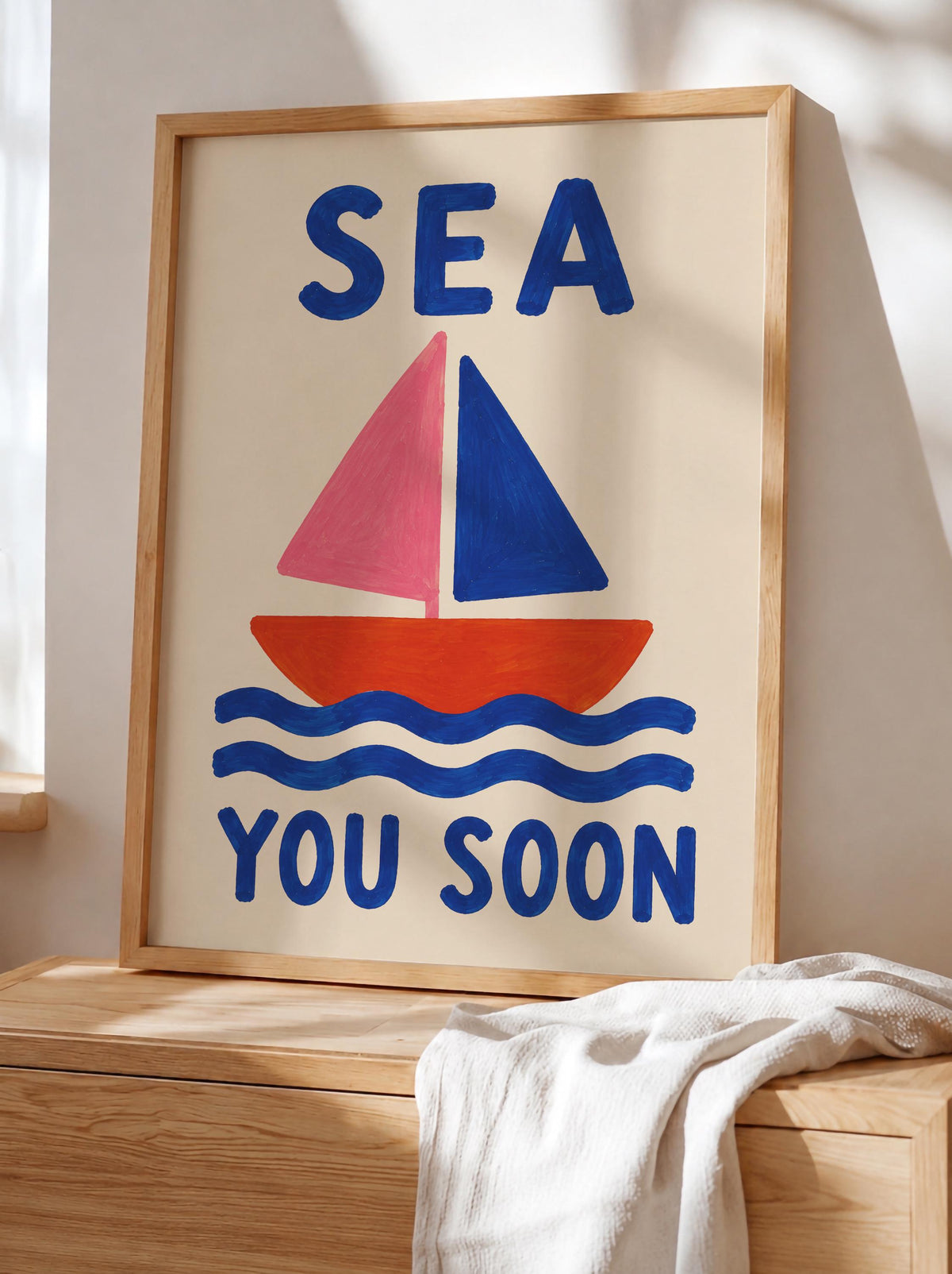 Sea You Soon Sailboat Print | Bold Hand-Painted Coastal Wall Art | Framed or Unframed