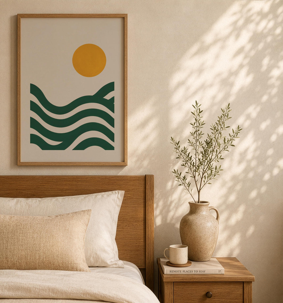 Abstract Landscape Seascape Print | Green Waves, Sun Illustration, Coastal Wall Art | Framed or Unframed