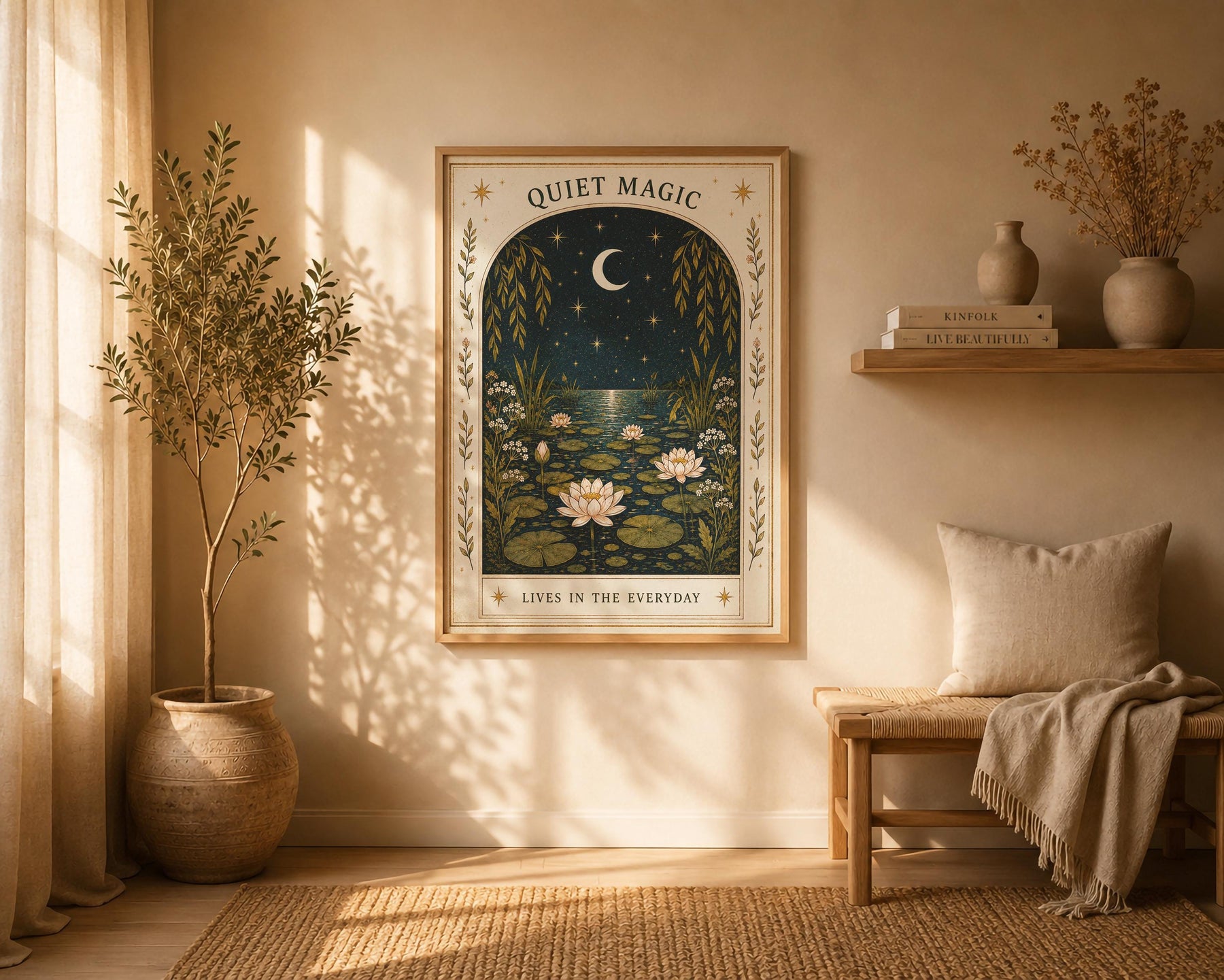 Quiet Magic Print | Celestial Nursery Wall Art, Botanical Folk Art Illustration, Framed or Unframed