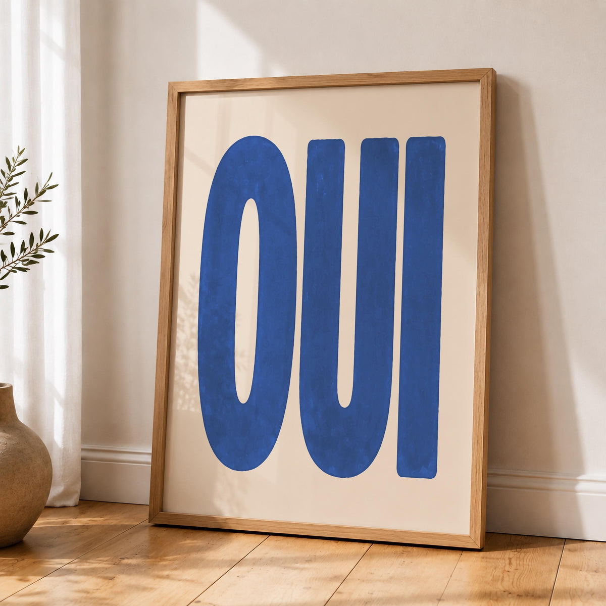 Oui Print | French Typography Wall Art, Hand-Painted Cobalt Blue Decor | Framed or Unframed