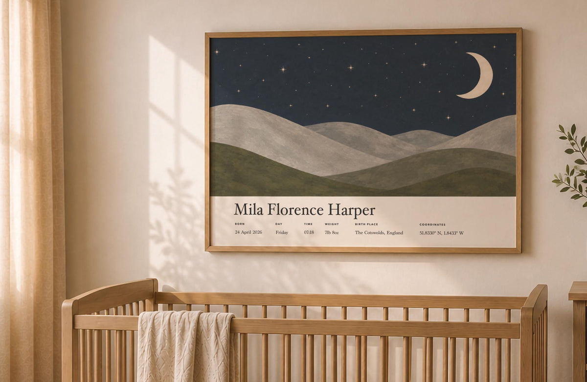 Personalised Birth Story Print | Moon Stars Nursery Wall Art | Framed or Unframed