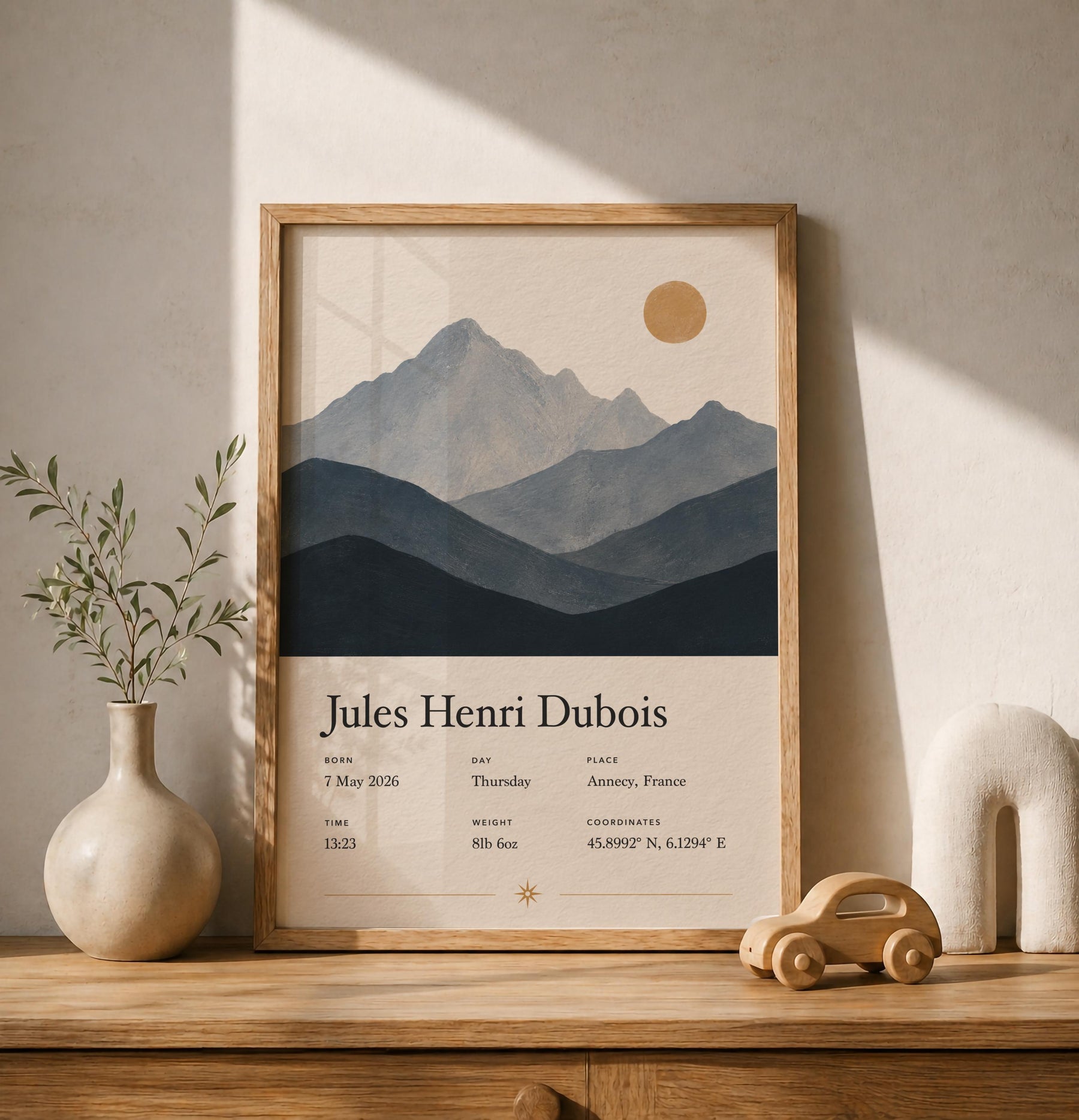 Personalised Birth Story Print | Mountain Landscape Nursery Wall Art | Framed or Unframed