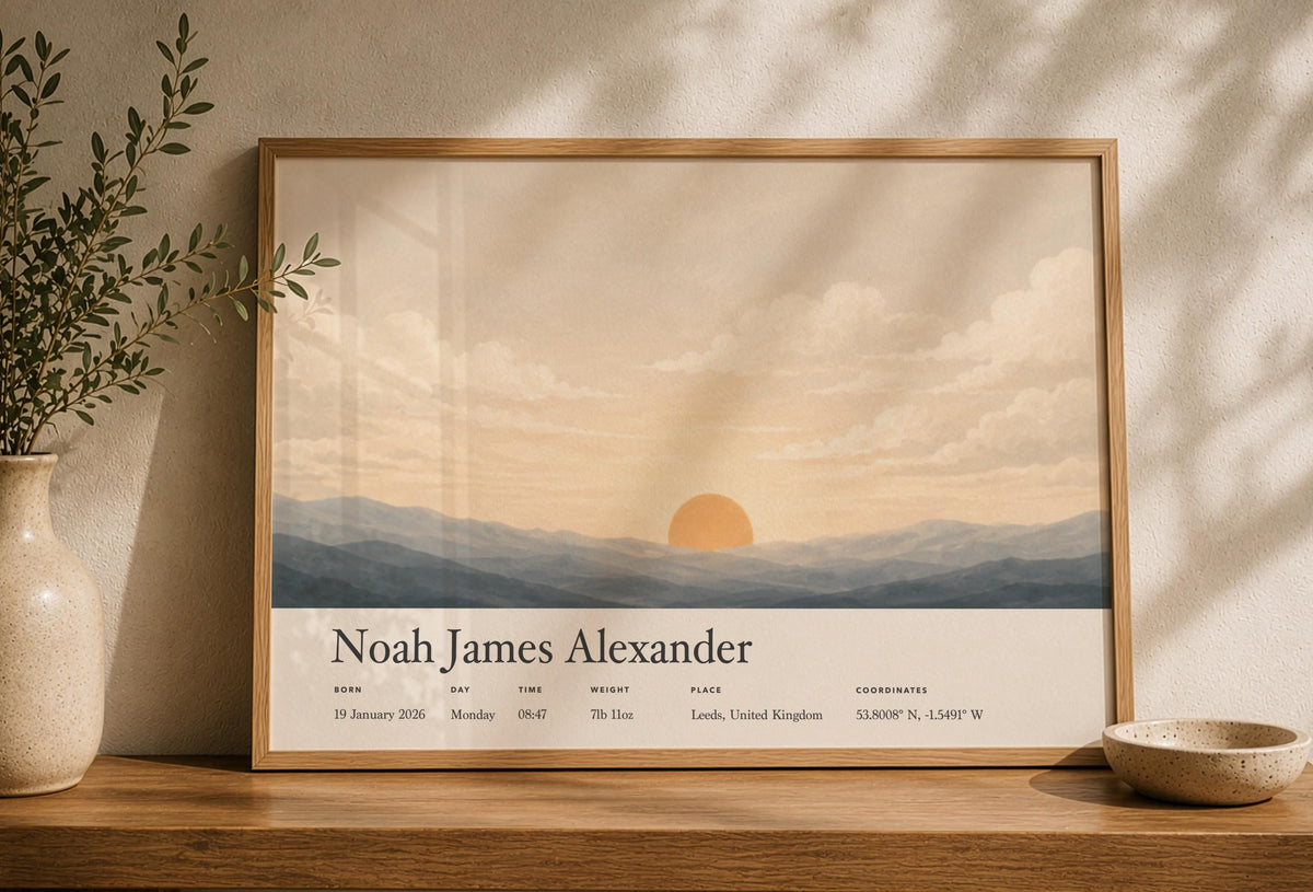 Personalised Birth Story Print | Sunrise Sunset Seascape Nursery Wall Art | Framed or Unframed