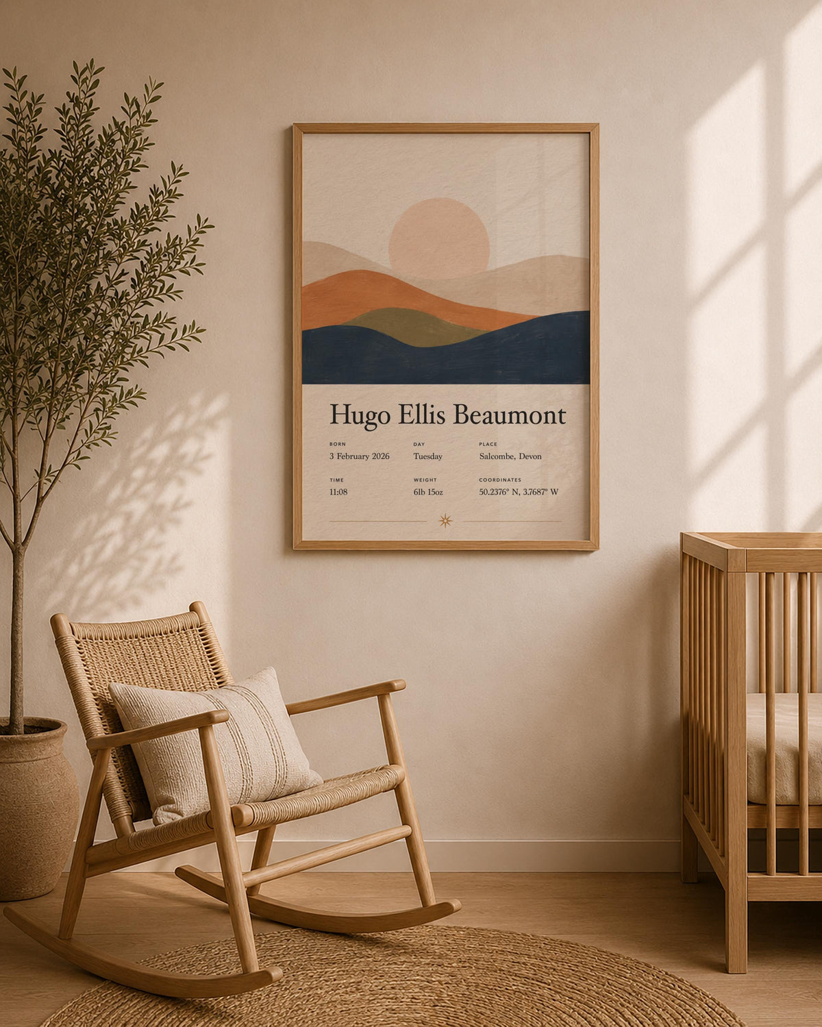 Personalised Birth Story Print | Rolling Hills Landscape Nursery Wall Art | Framed or Unframed