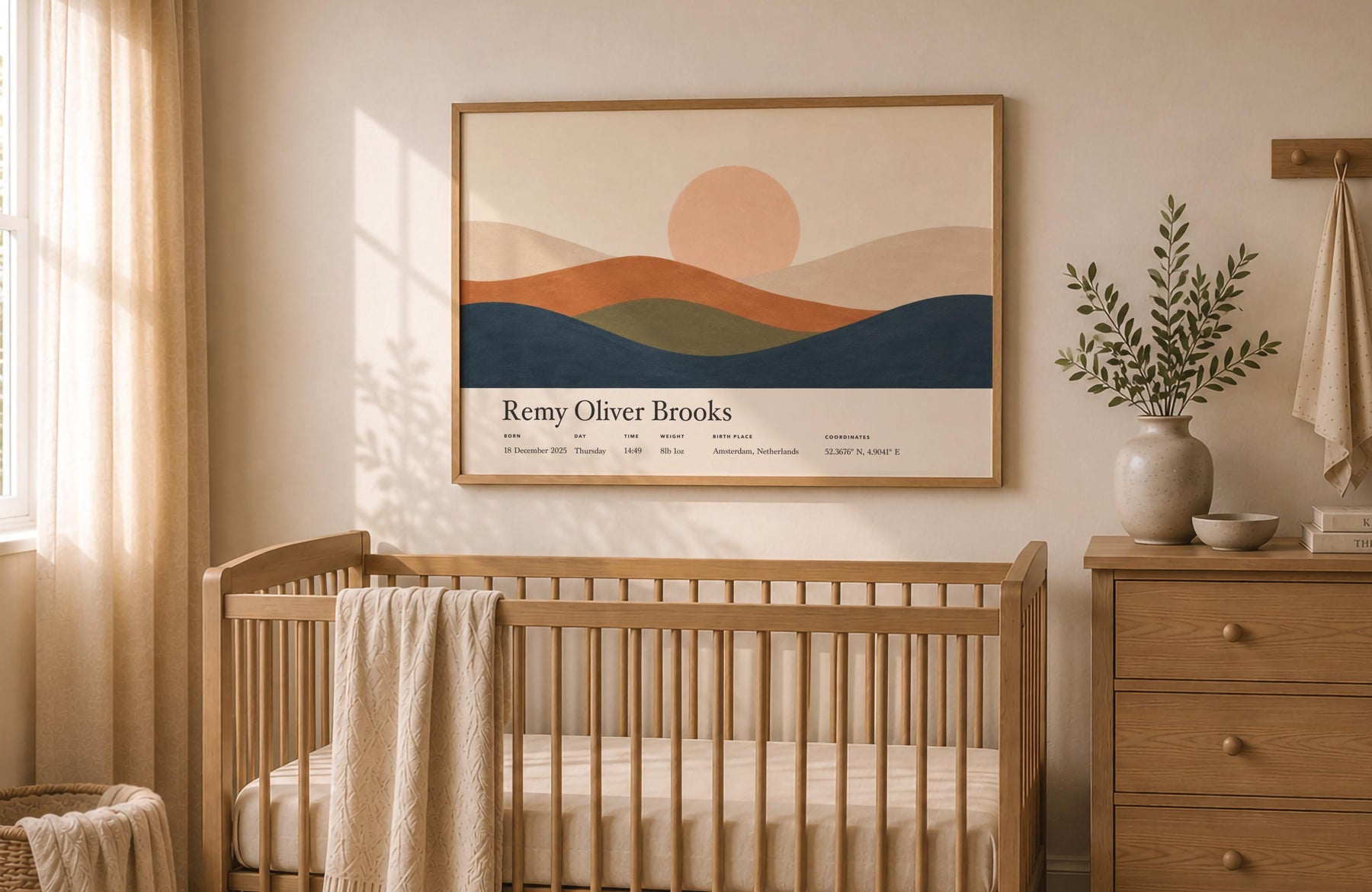 Personalised Birth Story Landscape Print | Rolling Hills Sunrise Nursery Art | Framed or Unframed