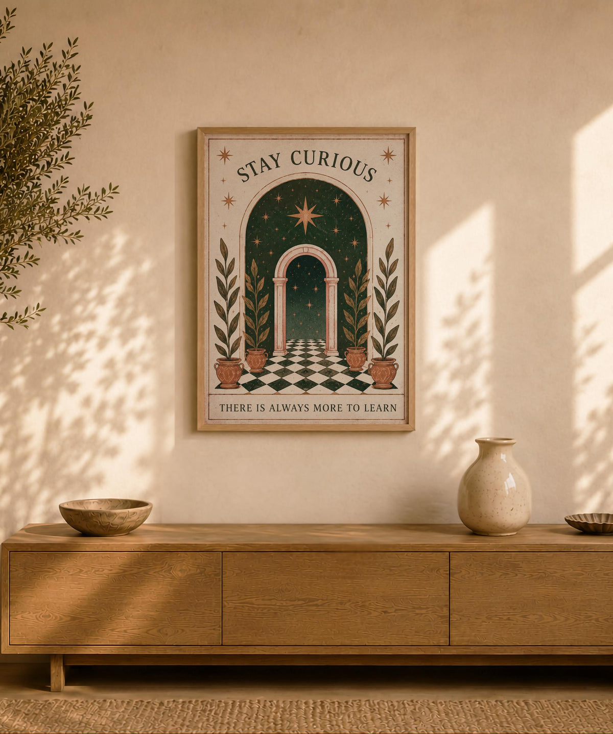 Stay Curious Folk Art Print | Celestial Nursery Wall Art, Botanical Illustration, Framed or Unframed